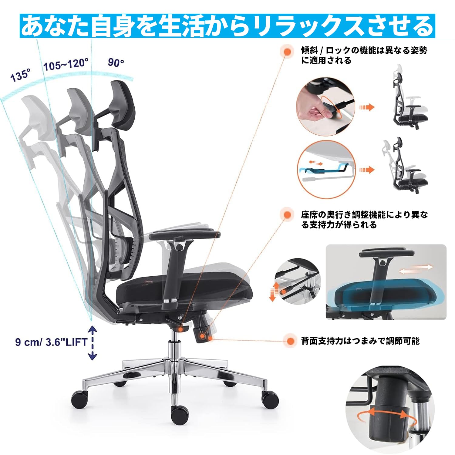 Amazon.co.jp: Holludle 人間工学椅子 適応的背もたれ 調節可能