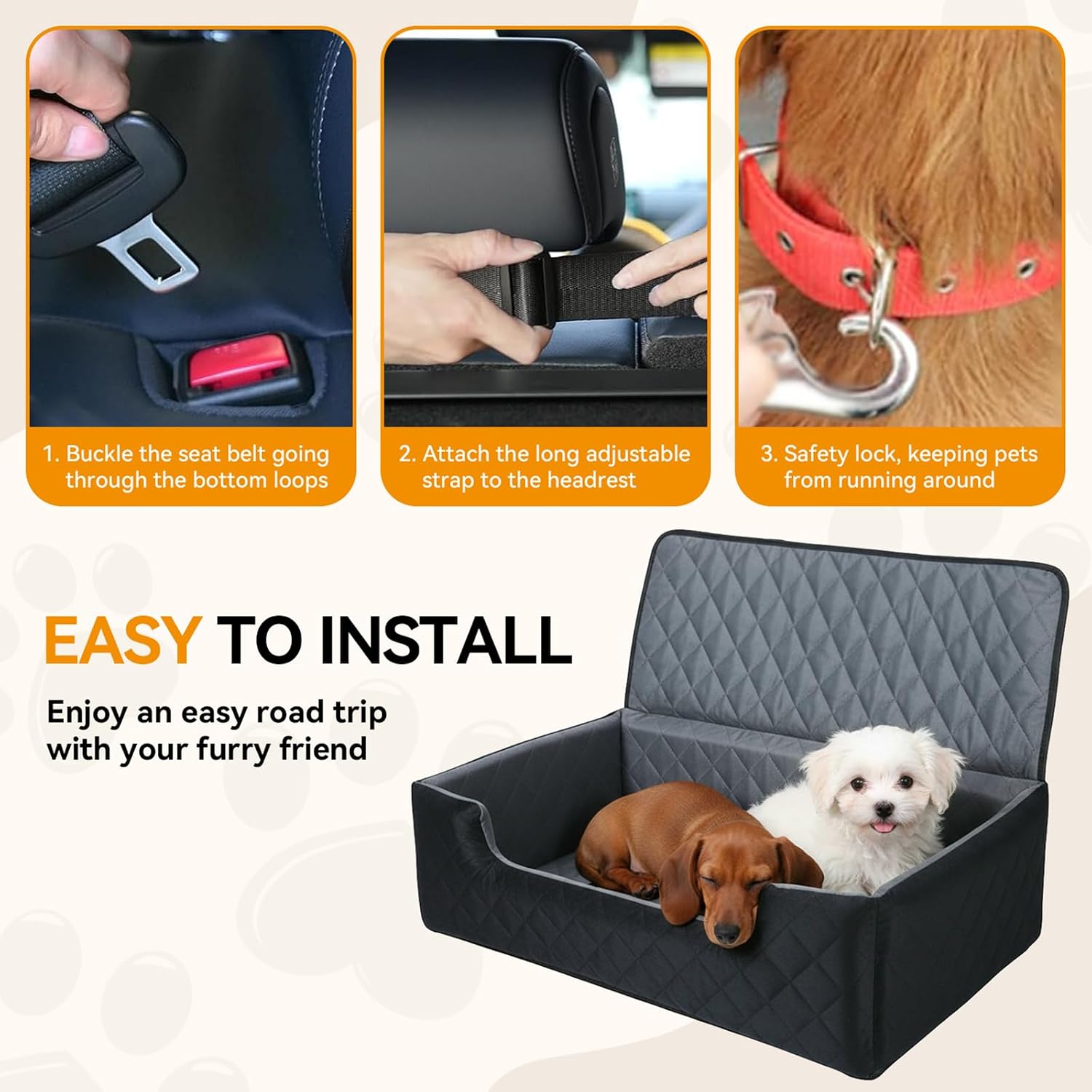 Dog Car Seat for Large Medium Dogs, Dog Booster Seat for 2 Small Dogs Memory Foam, Travel Safe Bed with Safety Belts Detachable Washable, Anti-Slip Base