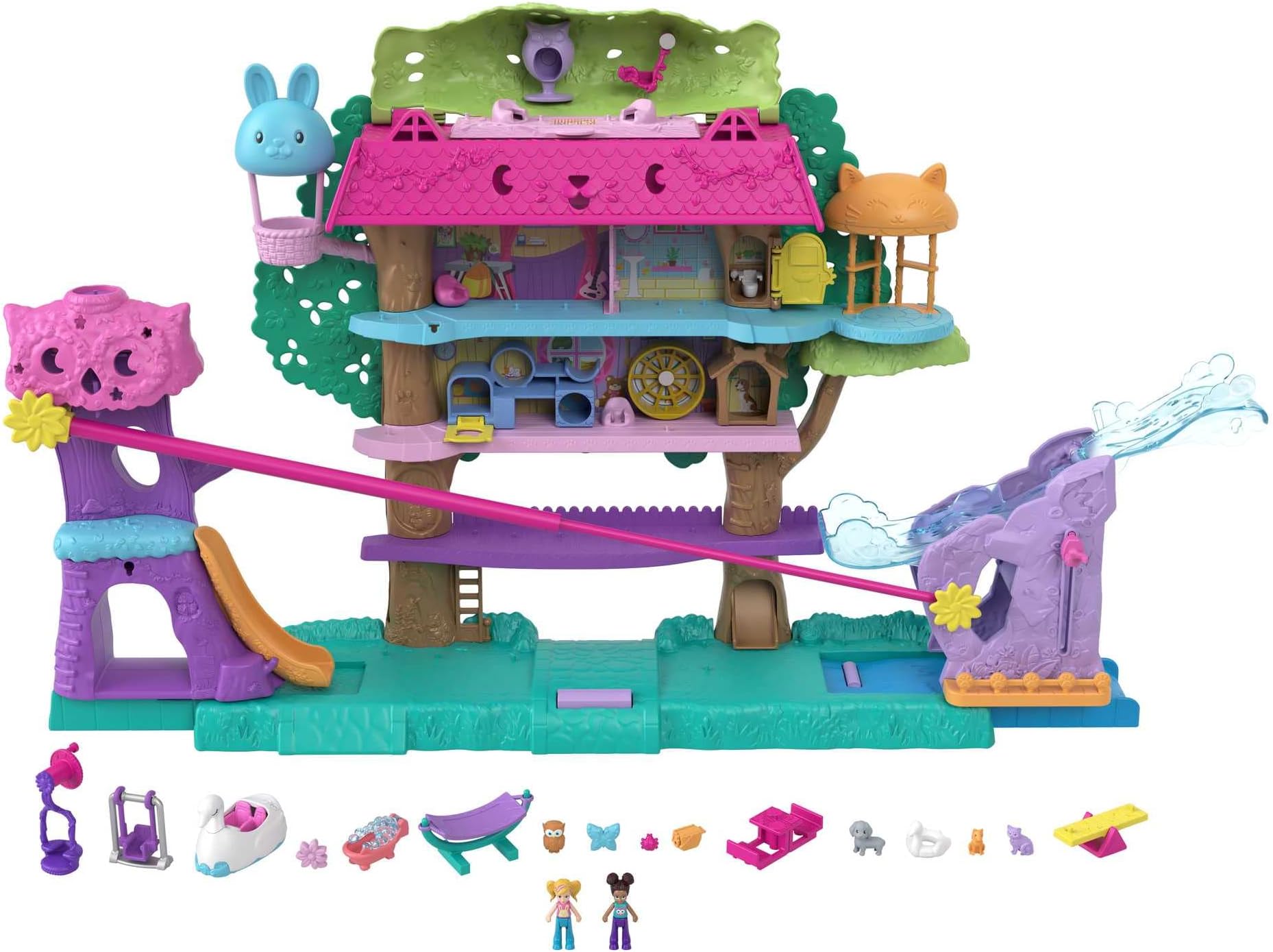 Polly Pocket Pollyville Pet Adventure Treehouse, 5 Floors, 15+ Play Pieces: 2 Dolls, Vehicle, 4 Animals & More, Great Gift for Ages 4 Years Old & Up (HJJ98)