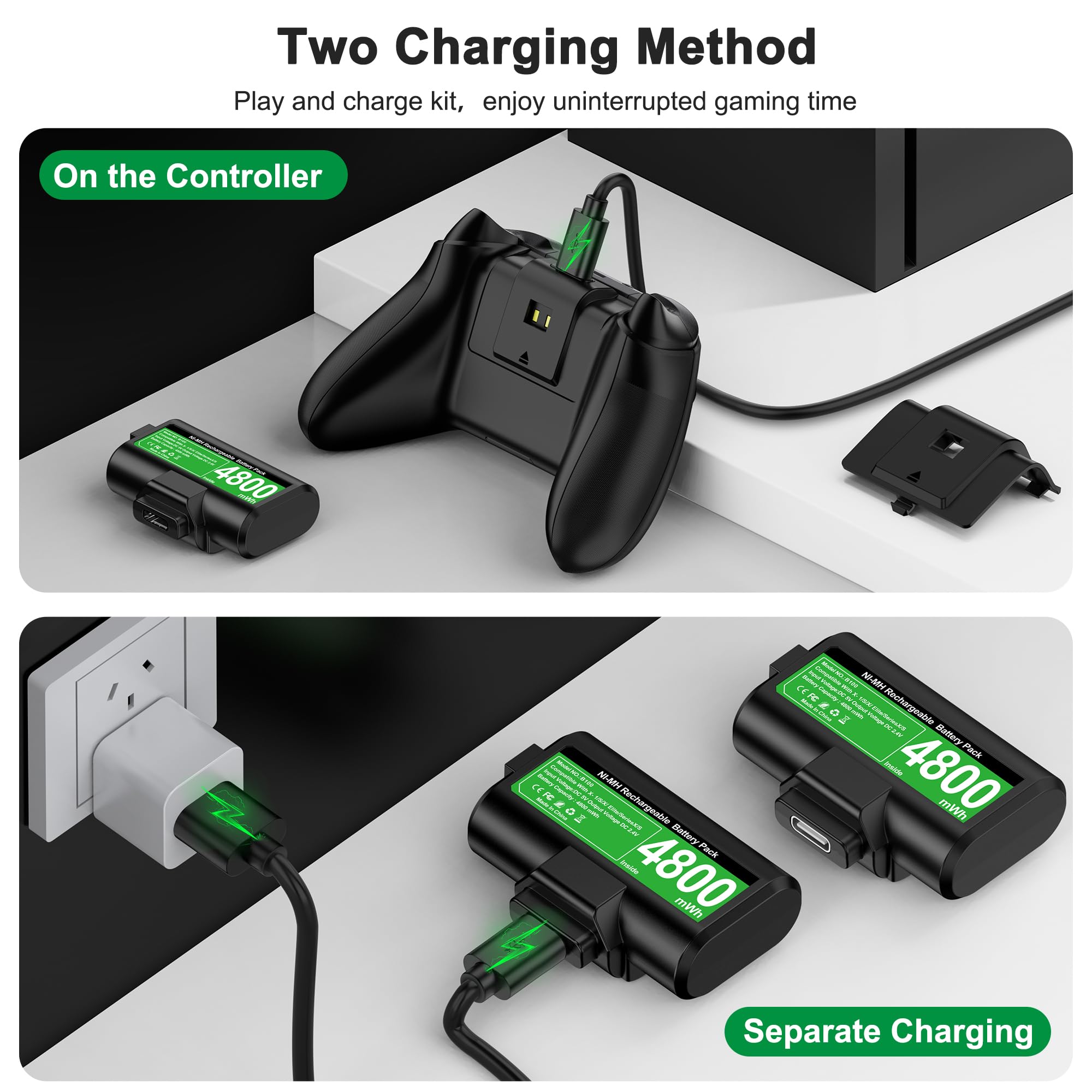 HEYLICOOL Rechargeable Battery Pack for Xbox One/Xbox Series X|S,2x4800mWh Controller Battery Pack with LED Indicators for Series X/S,Play & Charge Kit — view 3