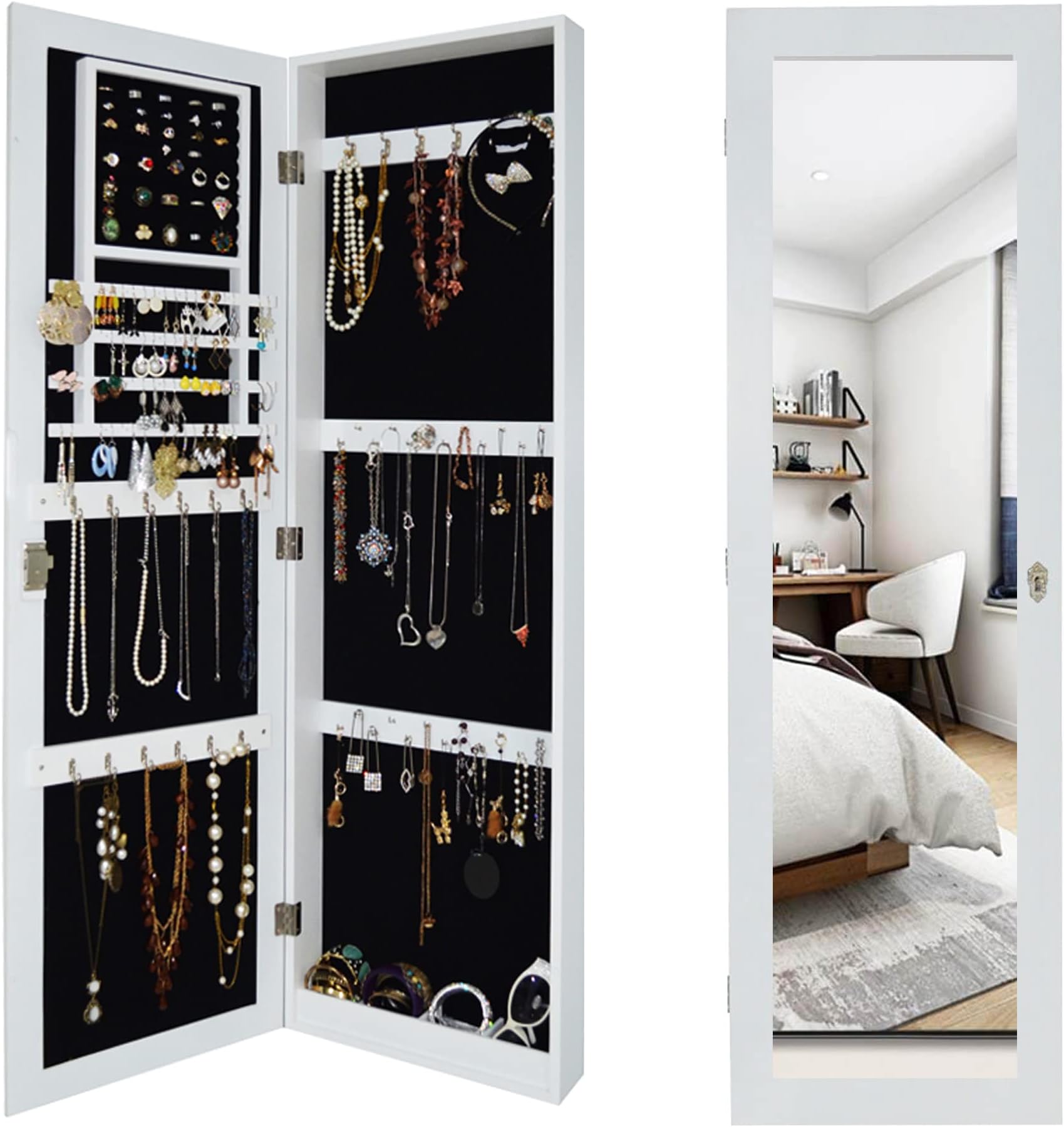 47.24" Wall-Mount Modern Black Wooden Jewelry Armoire with Lock for Women