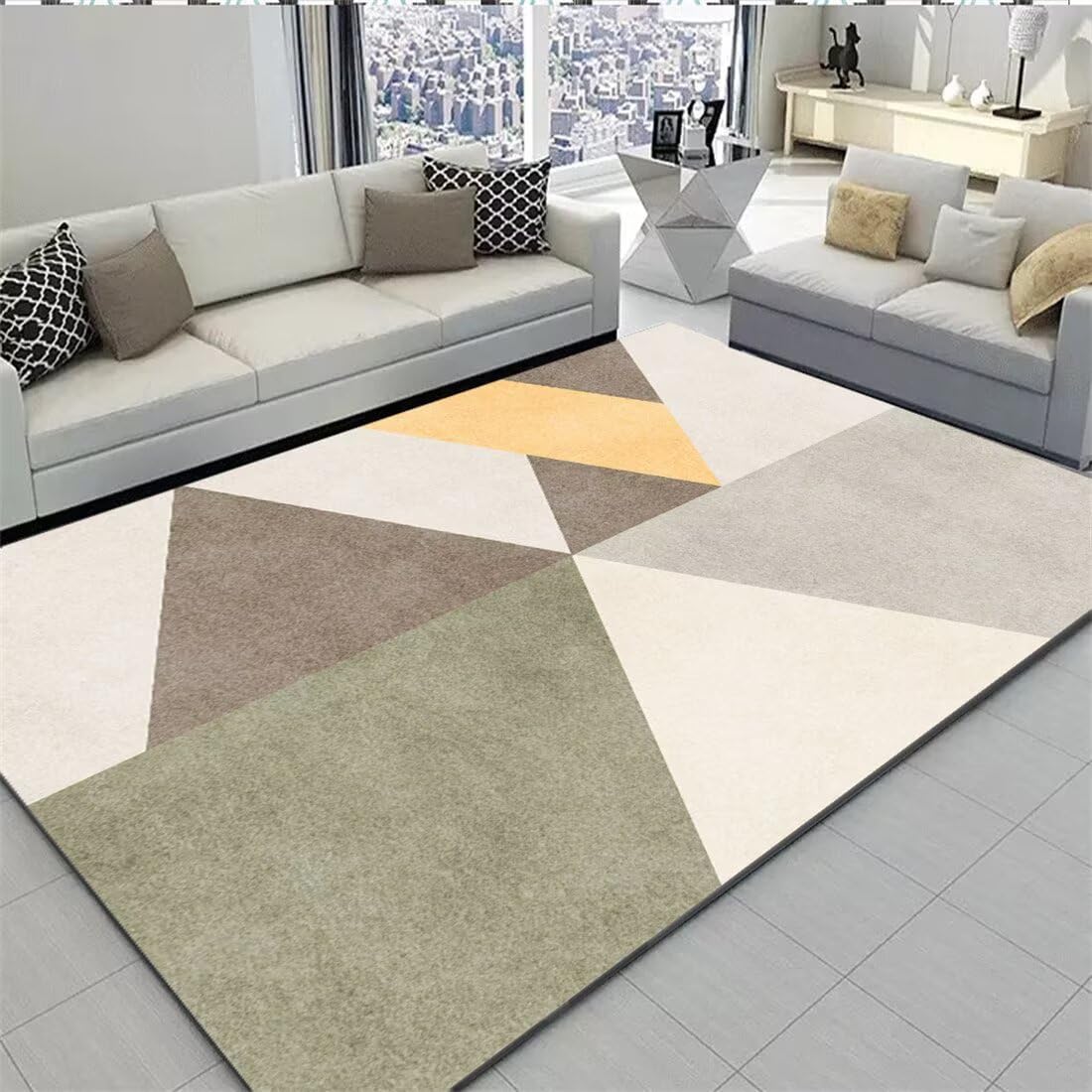 Tapis rectangulaire vert gris 160x280cm avec grand motif géométrique moderne de salon