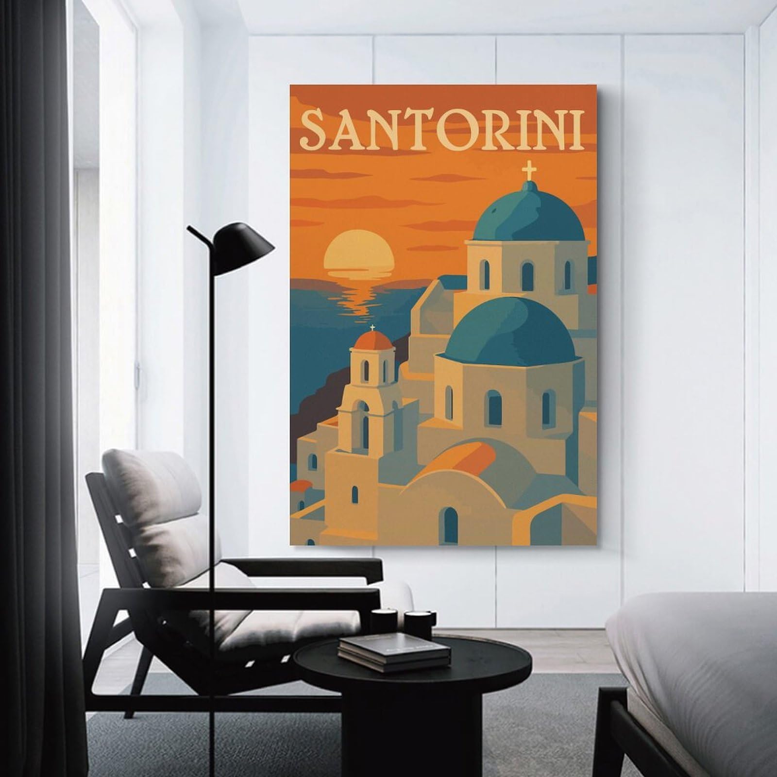 Junmoney Unframe-Style-1 Hanging Wall Art Santorini Travel (6), 20X30inch(50X75cm), For Work Areas, Reading Rooms Or Studios, Wall Art That Adds Style To Work Areas