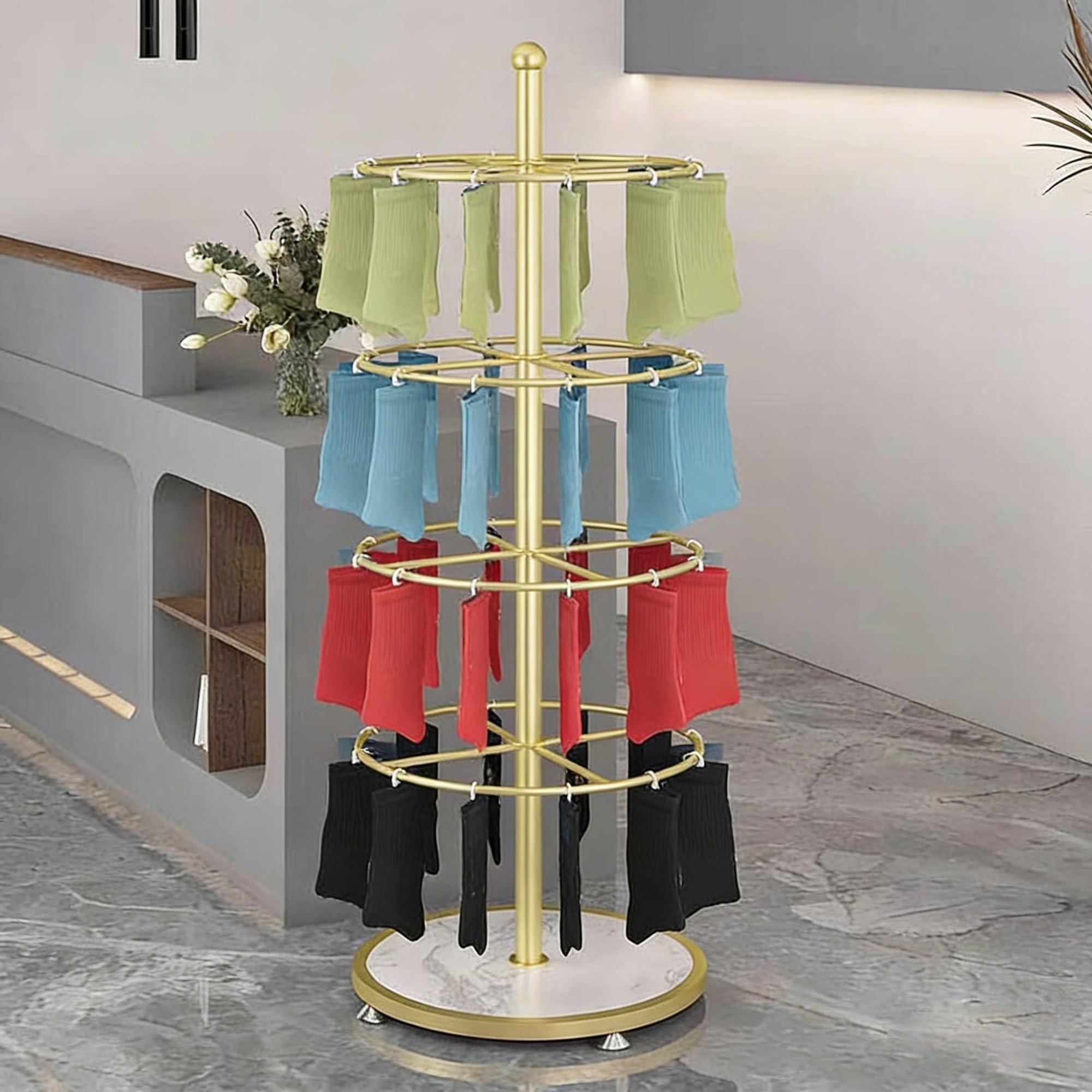 Porta abiti Espositore for calze sospese, scaffale for biancheria intima, ganci for prodotti, sciarpe, negozio di accessori, bancarella, pavimento rotante(Nero)