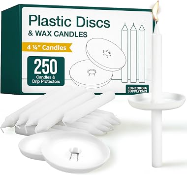 Concordia Supply Plastic Disc Candle Drip Protectors - 4.25" x 1/2" Candles w/Easy to Hold White Plastic Holders - Ideal for Candle Light, Memorial, Congregational Services - Set of 250
