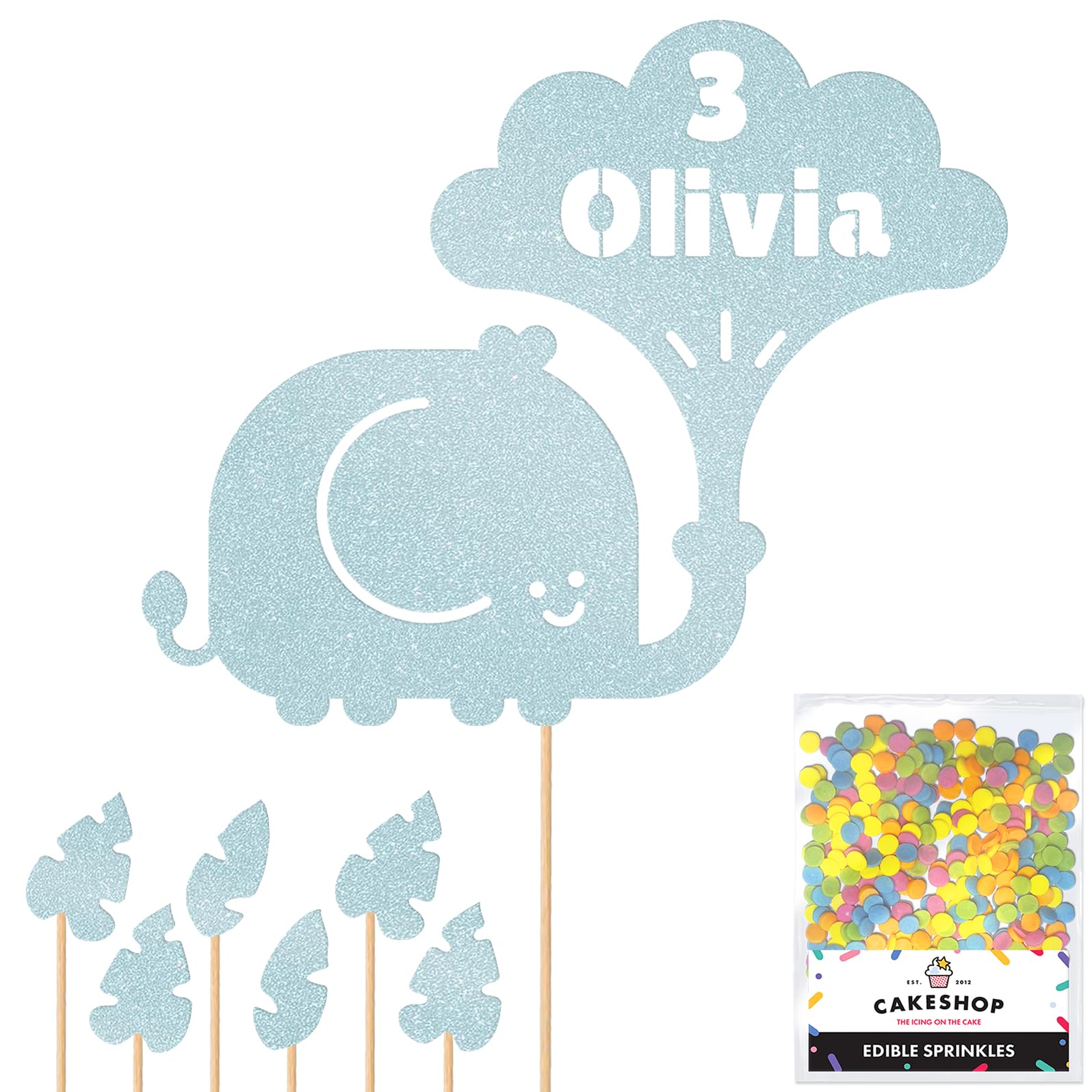 Personalised Jungle Elephant Glitter Cake Topper Lt Blue Any Custom Age & Name Glitter Cake Decoration and Sprinkles - Happy Birthday Decorations - Personalised Toppers for Cakes by Cakeshop — image 1