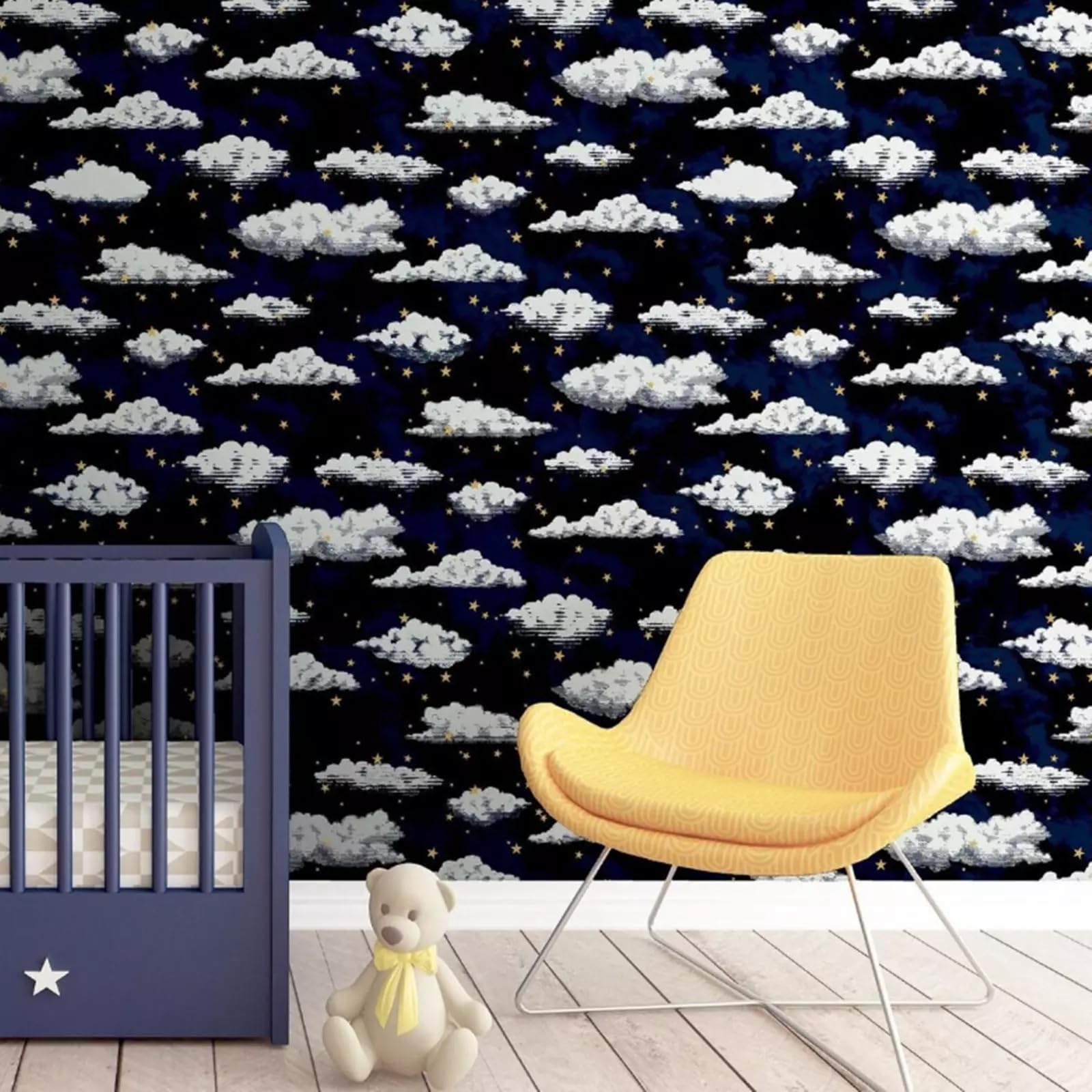 SOPHIE LAURENCE Navy Blue Stars and Clouds Wallpaper - Metallic Gold Accents, Children's Bedroom/Nursery Decor, Washable, Paste The Paper, 0.53m x 0.53m Sample, Made in France