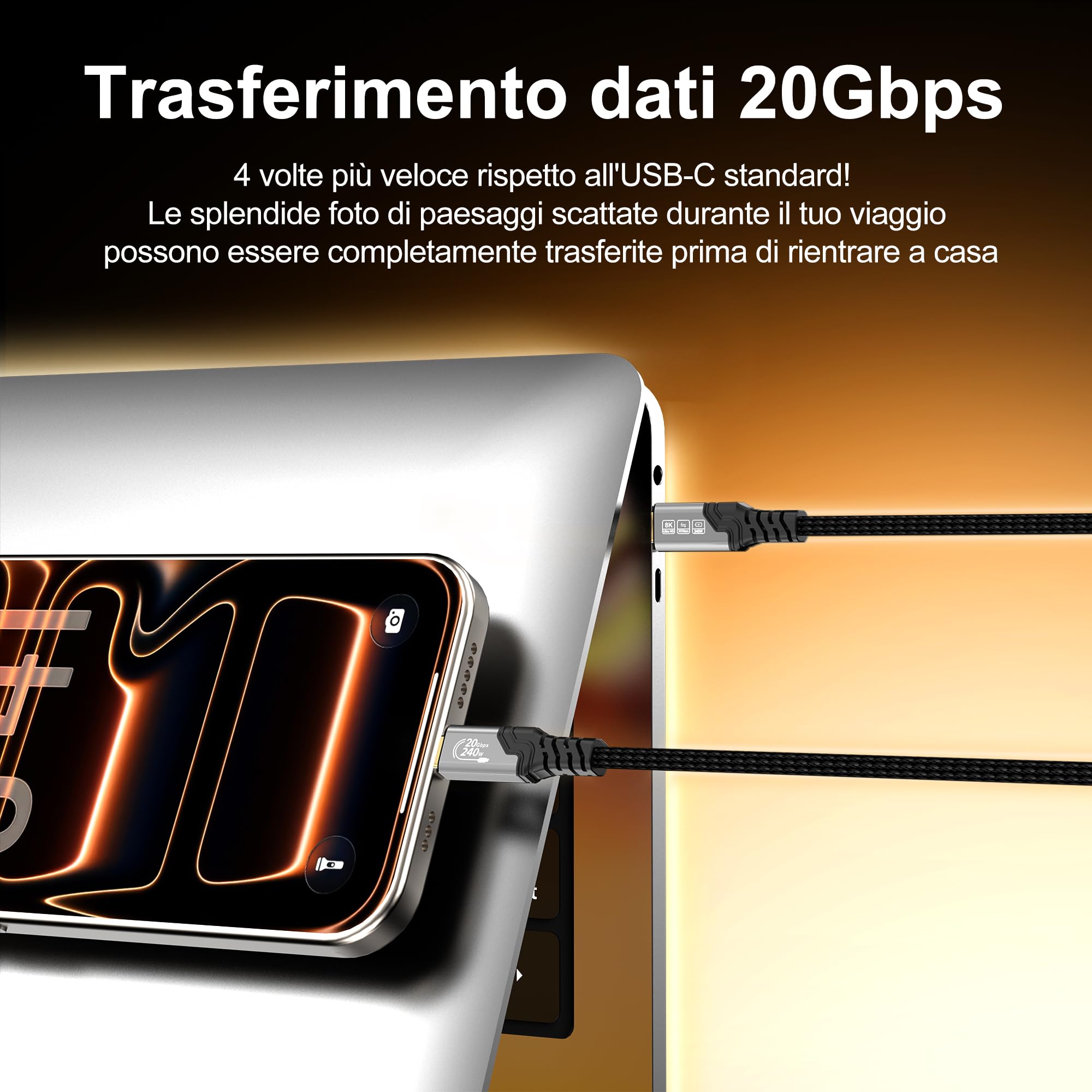 ZIKNYDO Cavo USB Type C 1m, USB-C 3.2 Gen 2x2, Video 8K@30Hz, 4K@144Hz, PD3.1 Ricarica Rapida 240W, Cavo Dati USB C 20Gbps, compatibile con Thunderbolt 4, MacBook Pro, SSD, Hub, iPhone 17/16/15 - 5