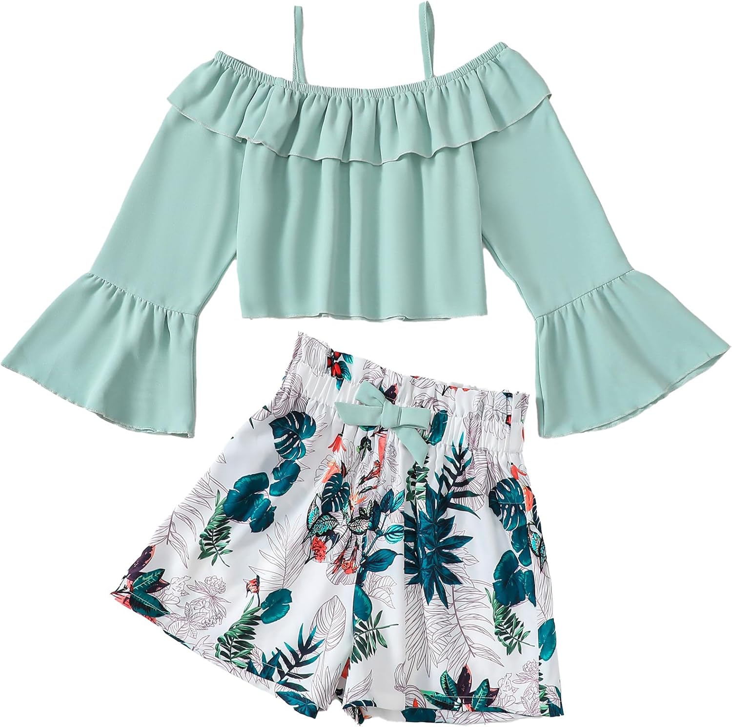 Girls Summer Clothes 2 Piece Cute Outfits Kids Boho Floral Print Long Sleeve Crop Top Shorts Clothing Set