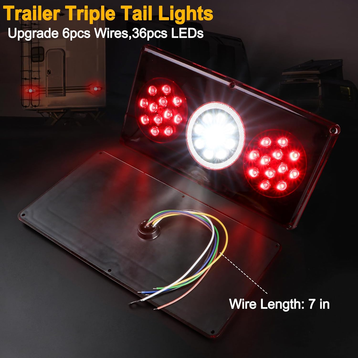 RV Tail Lights 36 LEDs Triple Camper Trailer Light 2Pcs Rectangle Assembly with Stop Brake Turn Signal Backup Reverse Waterproof Tractor DOT SAE Approved