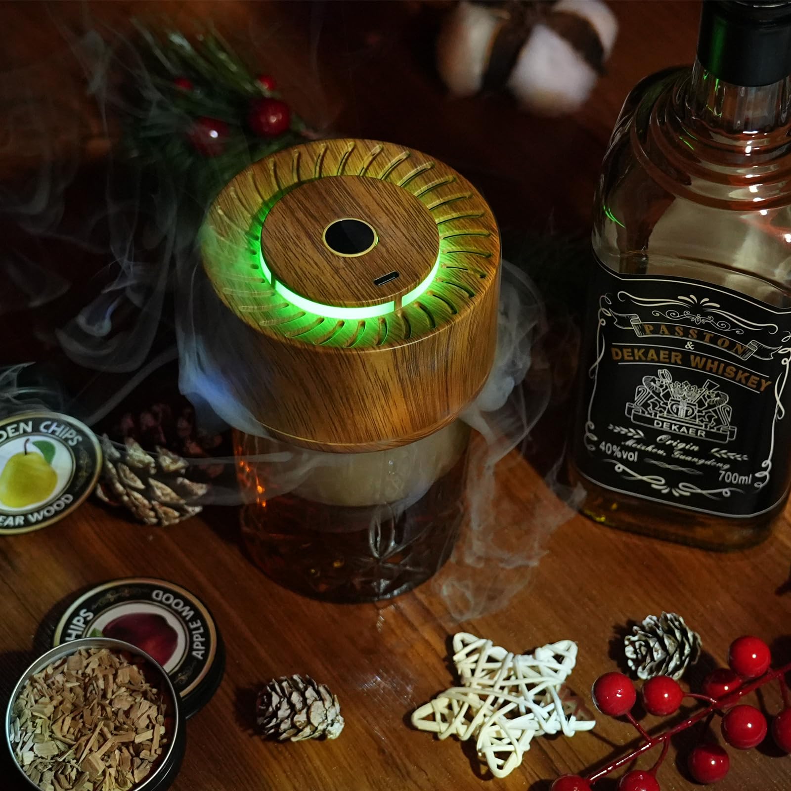 Kit per affumicare whisky con custodia in legno, affumicatore elettrico per cocktail e trucioli di legno da 8 gusti, kit per affumicatore vecchio stile Bourbon regali per uomini
