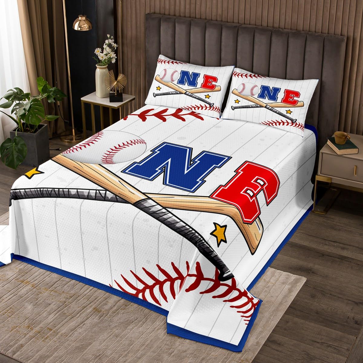 Erosebridal Baseball Coverlet Set King Size Softball Game Bedspread Cartoon Sports Stars Quilted Coverlet for Teens Boys Geometric Stripe Blue Red Quilted Coverlet