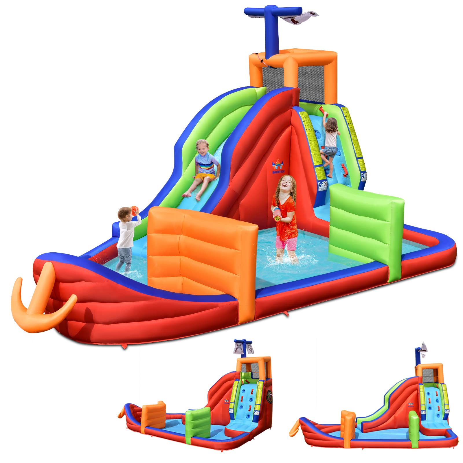 GOPLUS Castillo Inflable Barco Pirata, Parque Infantil Acuático Inflable con Zona de Escalada, Tobogán, Pistolas de Agua, Accesorios Ricos, para Jardín, Patio, Playa 460 x 310 x 290 cm