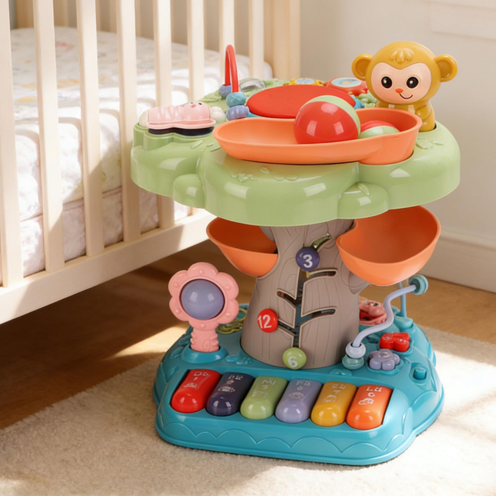 Bewinner Musikalisches Baumhaus für Kleinkinder, Pädagogisches Lernspielzeug mit Lichtgeräuschen, Handtrommel, Perlen, Zahnräder, Aktivitätsspielzeug für die Sensorische Entwicklung des Babys für und