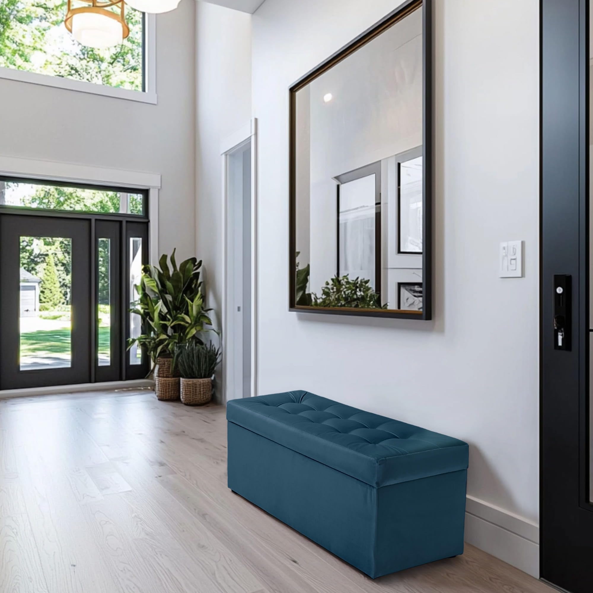 Pouf Portaoggetti In Velluto Verde 45x120 Cm - Con Vanità Da 105 Litri - Foto 2