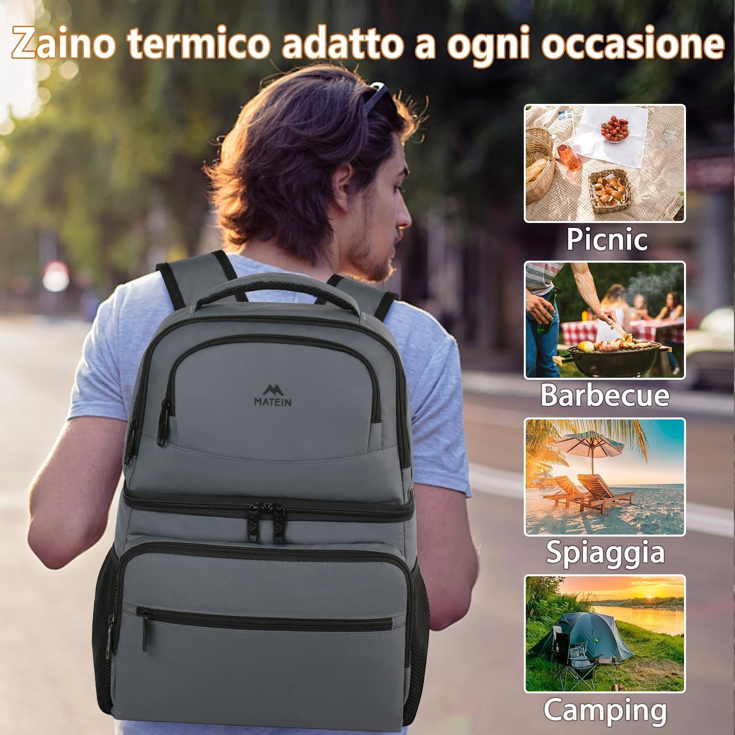 MATEIN Zaino Termico 30L (40 Lattine), Grande Zaino Frigo a 2 Scomparti | Borsa Portapranzo Antiperdita con Apribottiglie, Facile da pulire, per Picnic, Campeggio, Mare, Spiaggia e Escursioni