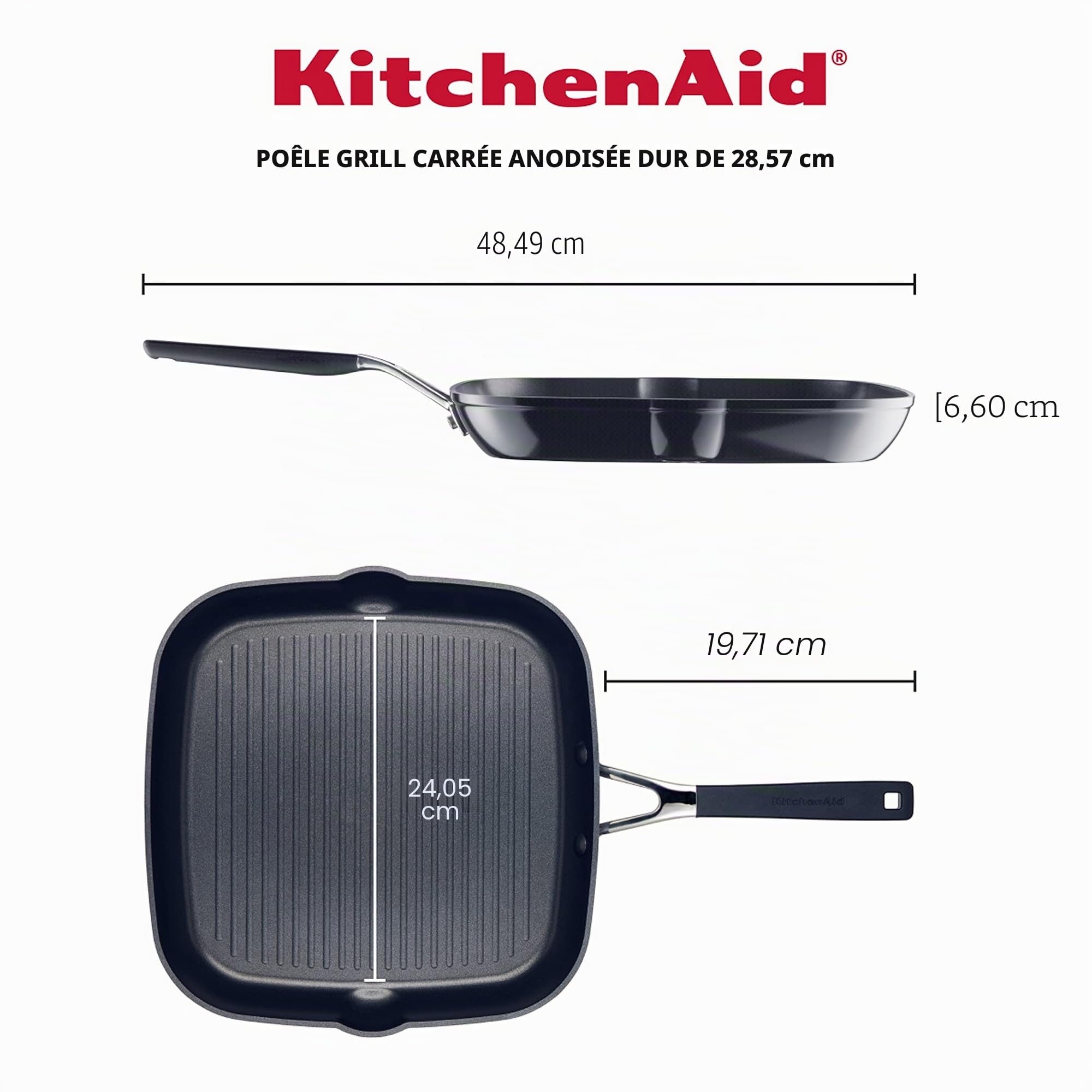 KitchenAid Poêle à griller carrée antiadhésive anodisée dure avec becs verseurs, 28 cm, noir onyx