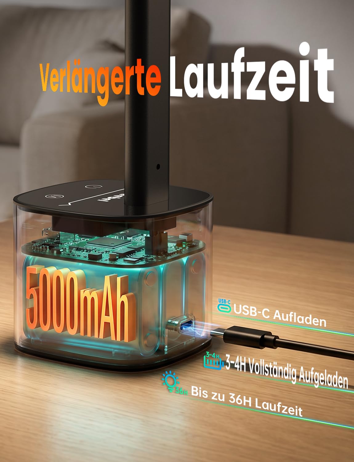 LED Schreibtischlampe Kabellos, 5000mAh Akku, Stufenlos Dimmbar