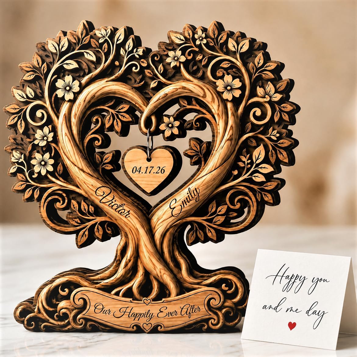 Personalized Couple Tree Wooden Block Heart Sign, Custom Name & Date Wood Plaque Anniversary Day for Couples, Wife, Husband, Wedding & Engagement Keepsake, Valentine's Day Home Tabletop Display Décor