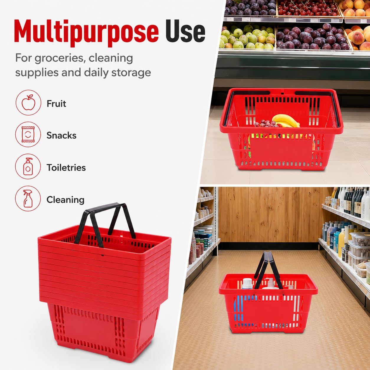 Einkaufskorb Set 12er, Tragekorb Kunststoff, Handkorb Rot, 18L | 12er Set PP, je 18L, 10kg belastbar, klappbare Griffe, stapelbar, Lochdesign