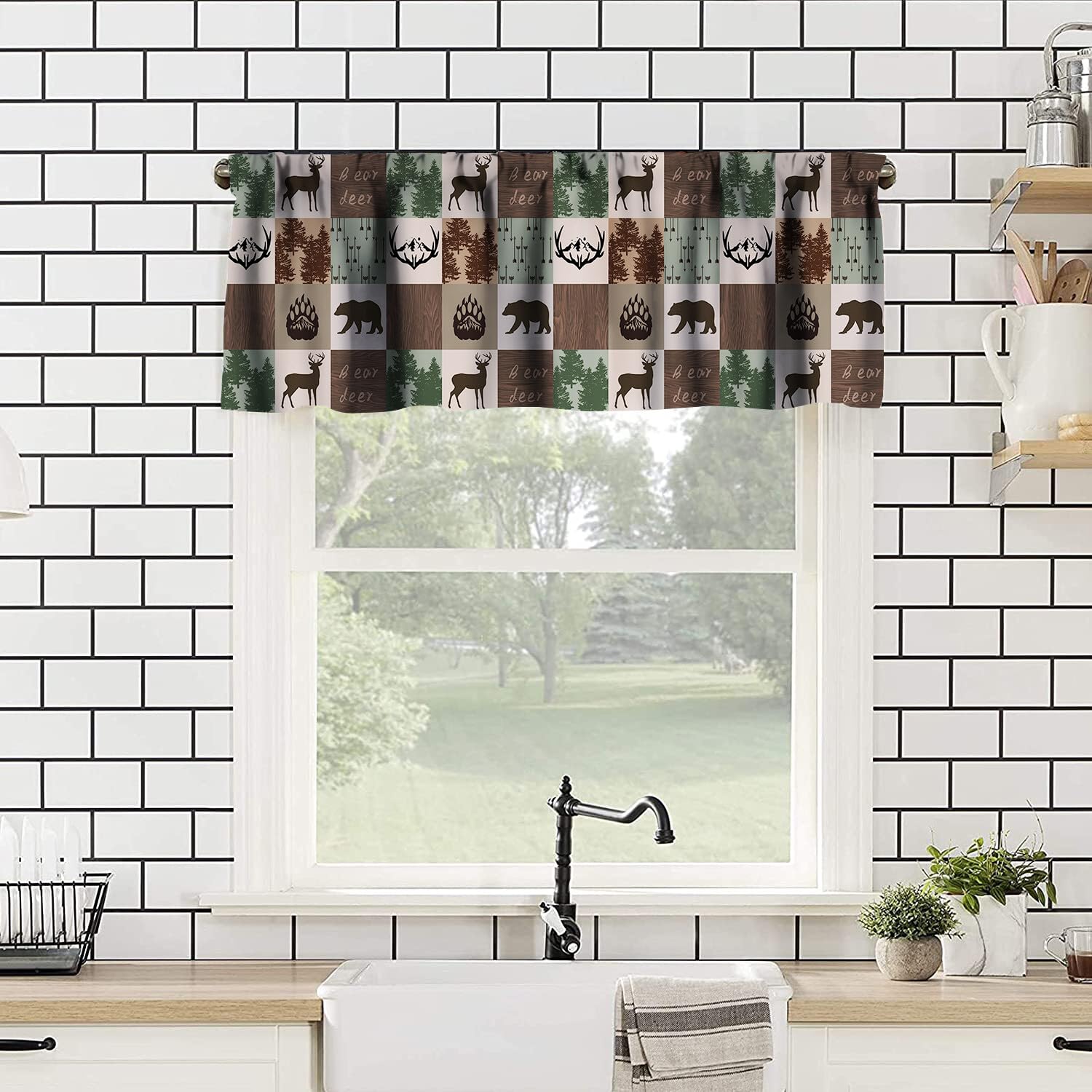 SENRUEGT Rustic Kitchen Valances for Windows,Retro Farmhouse Vintage Country Cabin Moose Deer Bear Rod Pocket Valance Curtain for Bedroom Living Room Cafe?54X18 1 Piece