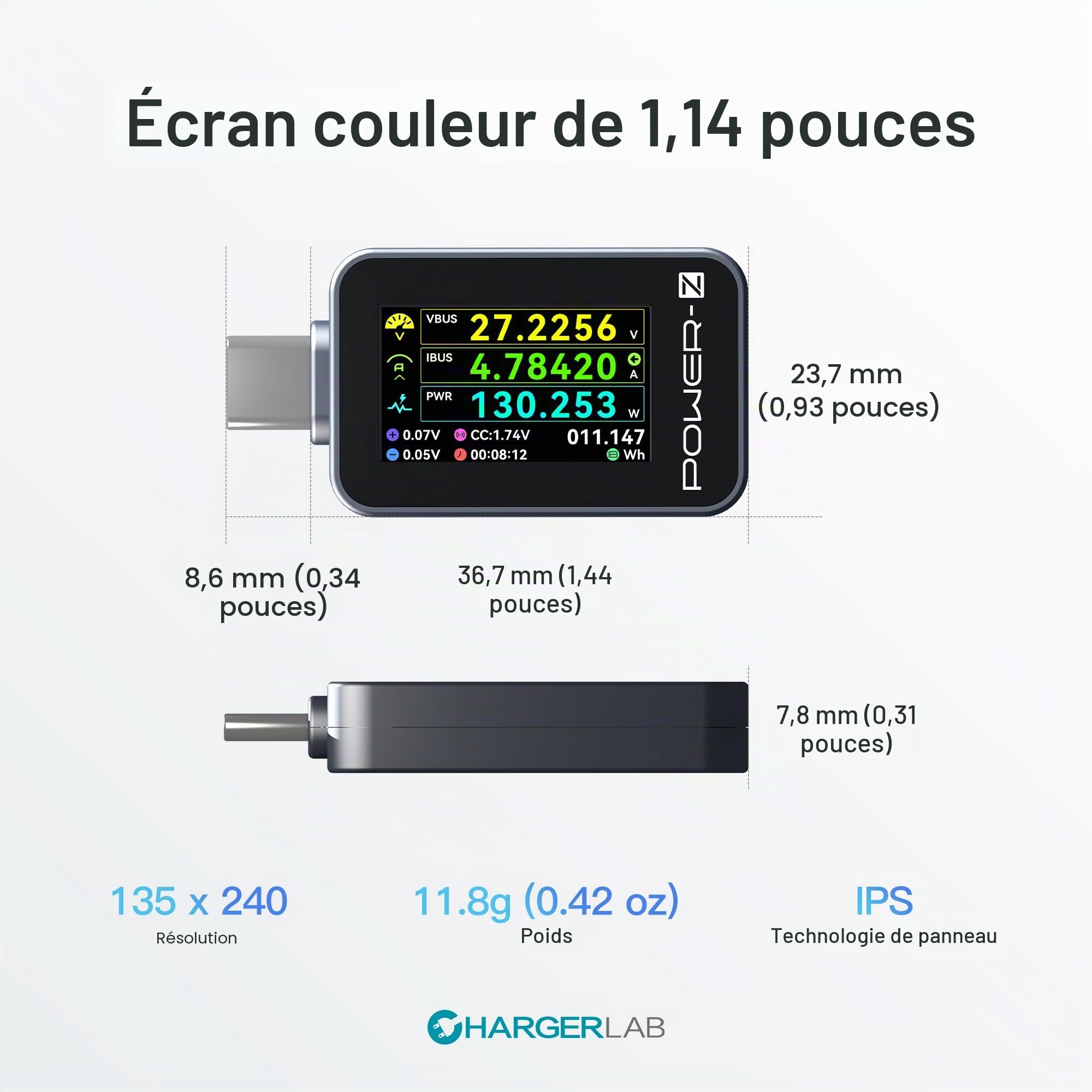 ChargerLAB Power-Z C240 Testeur de puissance numérique portable USB-C, prend en charge jusqu'à 240 W et PD3.1 QC5.0, pour téléphones USB-C, ordinateurs portables, chargeurs et plus encore