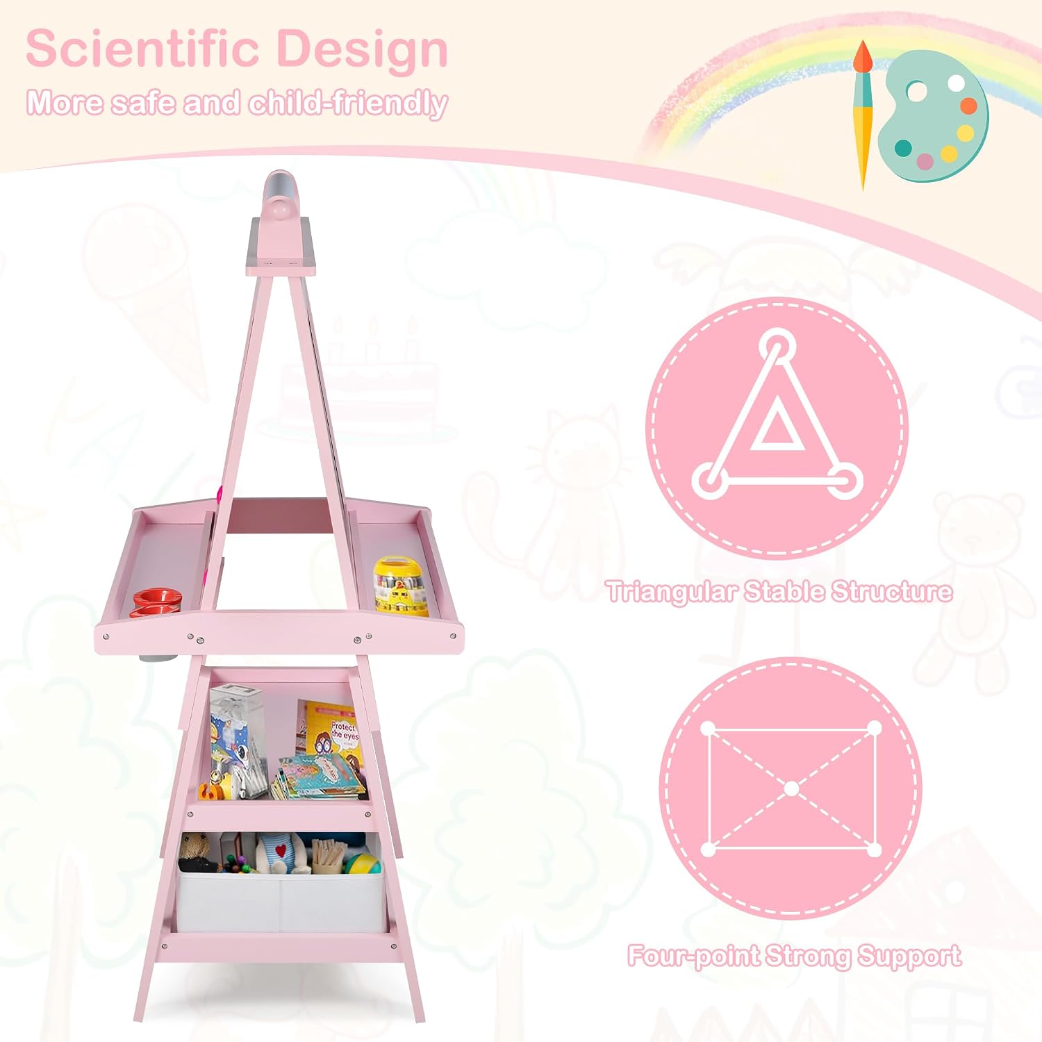 TODEFULL Art Easel for Kids, 3 in 1 Wooden Toddler Easel w/Magnetic Whiteboard, Chalkboard & Paper Roll, Standing Painting Easel with Shelves & 2 Storage Bins, for Boys Girls, Pink
