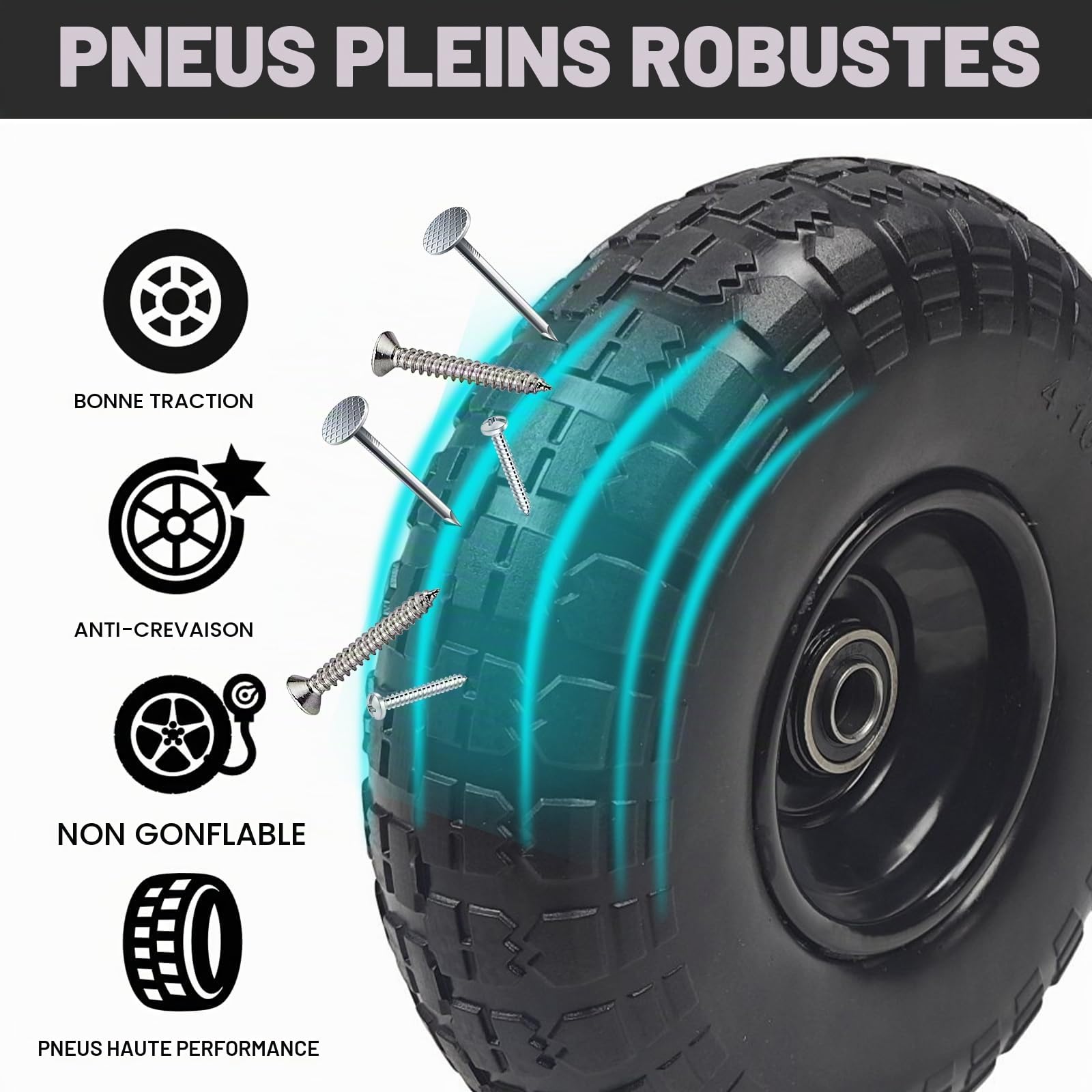 Roue Increvable 4.10/3.50-4 (x2) Alésage pour Axe 16mm - 250 x 90 mm – Capacité de Charge max. 180kg – Pour Diables, Brouettes, Chariots