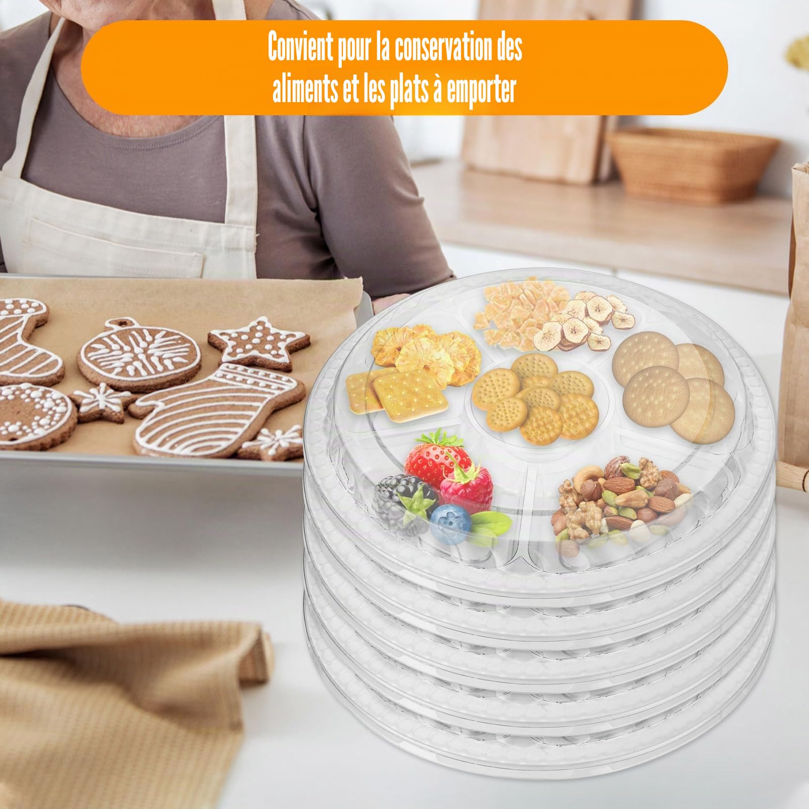 Lot de 20 plateaux à compartiments avec couvercles pour collation, 31,5 x 5 cm, plateau de service divisé avec couvercle, plateau de service avec couvercles et 6 sections, plateau à goûter en