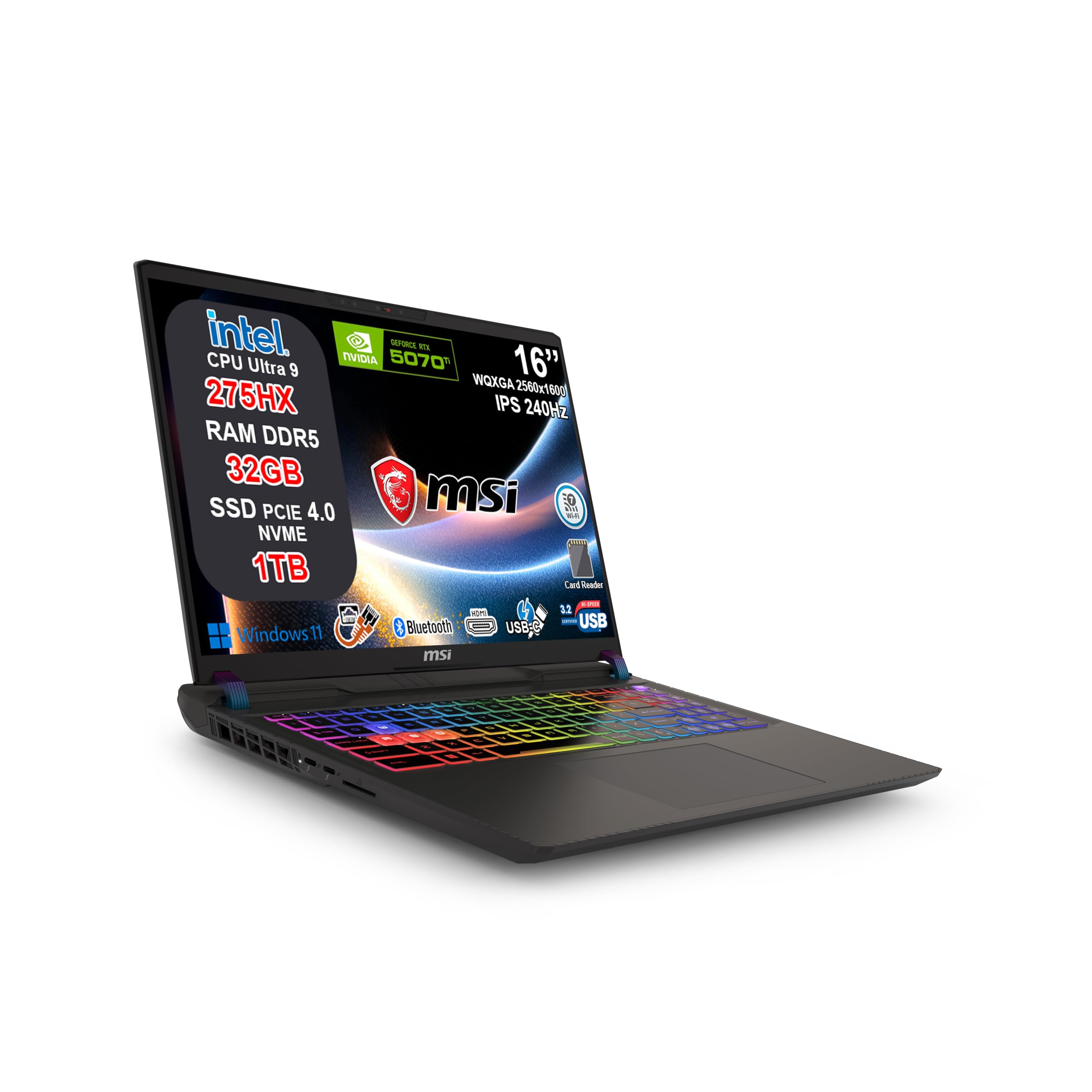 msi Vector 16 HX AI Notebook Gaming Intel Core Ultra 9 275HX, RTX 5070 Ti 12GB GDDR7, 32GB RAM, 1TB SSD, 16" QHD+ IPS 240Hz, Thunderbolt 5, WiFi 7, Tastiera RGB 24 Zone, Windows 11, AI Laptop
