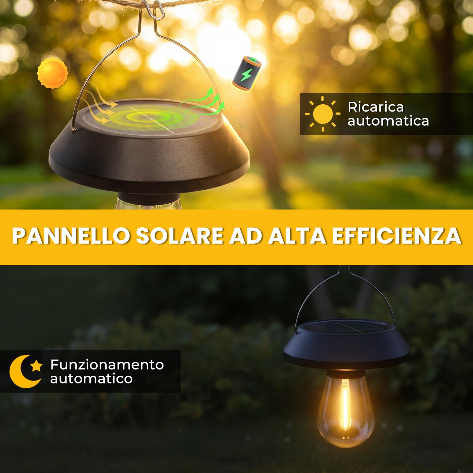 Lampada da Campeggio LED Solare, Lanterna Solare per Tenda, Luce Solare Esterno IP44 con Gancio, Lampada Tenda per Campeggio, Trekking e Illuminazione di Emergenza, 2 Pezzi