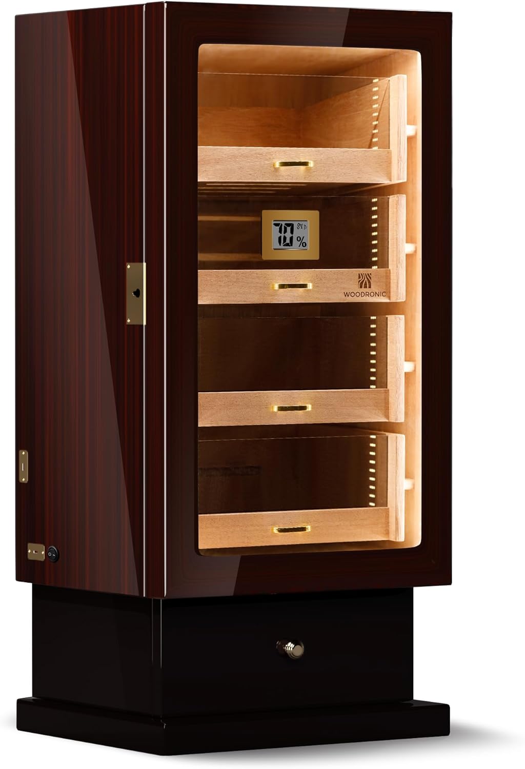 Woodronic Cigar Humidor Cabinet for 250 Cigars with LED Light, USB Cable & Adapter, Lock & Keys, Spanish Cedar Lining, Accessory Drawer, Hygrometer & Humidifiers, Glossy Ebony Finish, Gift for Men