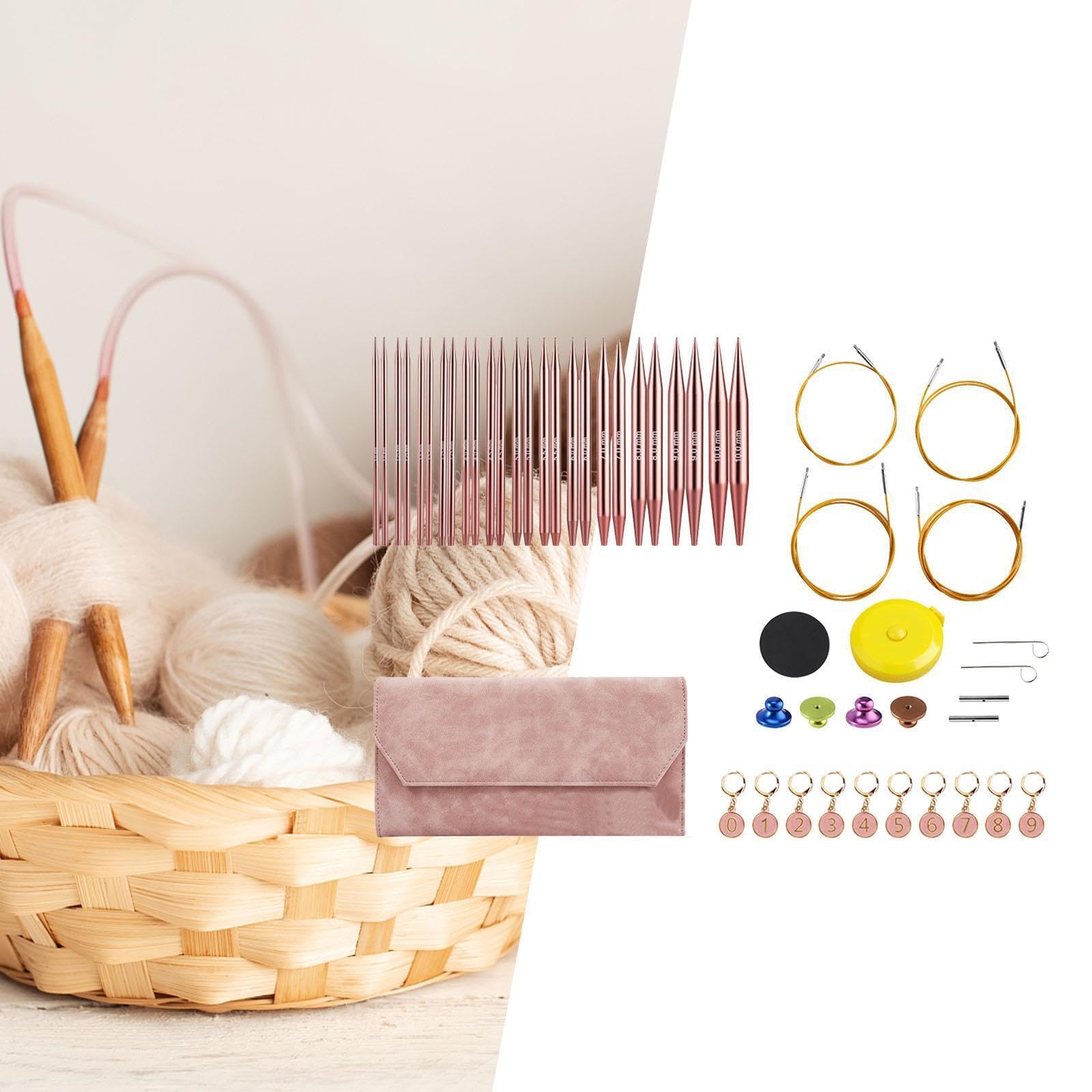 Auswechselbares Rundstricknadel Set aus stabilem Aluminium,Rosa | Entfernen von Stricknadeln, Nähzubehör, das glatt und robust ist. Bambus Rundstrickhandwerk