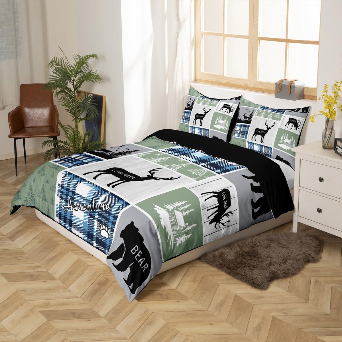 Rustic Cabin Comforter Cover, Hunting Bear Deer Duvet Cover Twin, Forest Animal Wildlife Bedding Set Cabin Decorations for Home, Country Farmhouse Plaid Grid Claw Quilt Cover with 1 Pillow Case