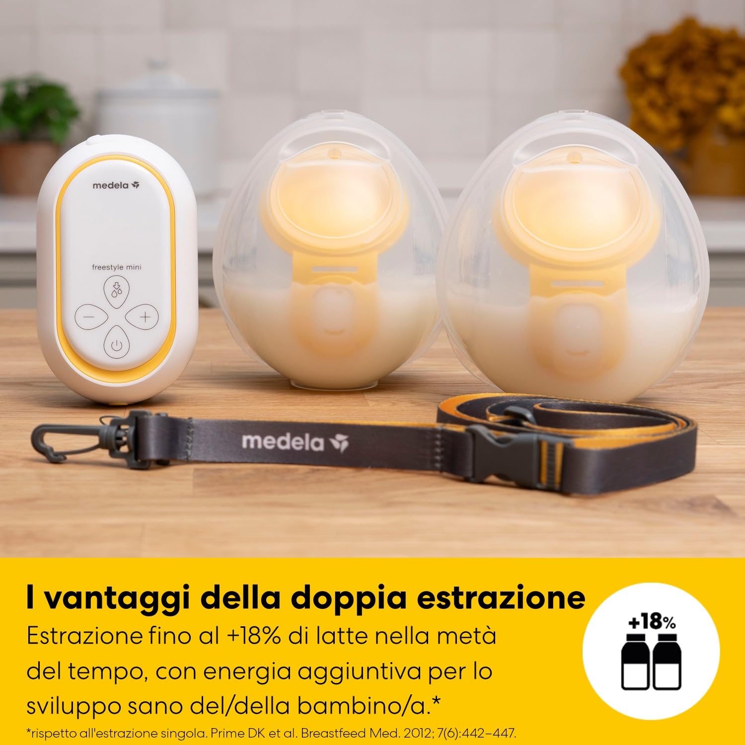 Medela Freestyle Mini Hands-Free elettrico doppio con coppe Hands-Free e batteria ricaricabile.