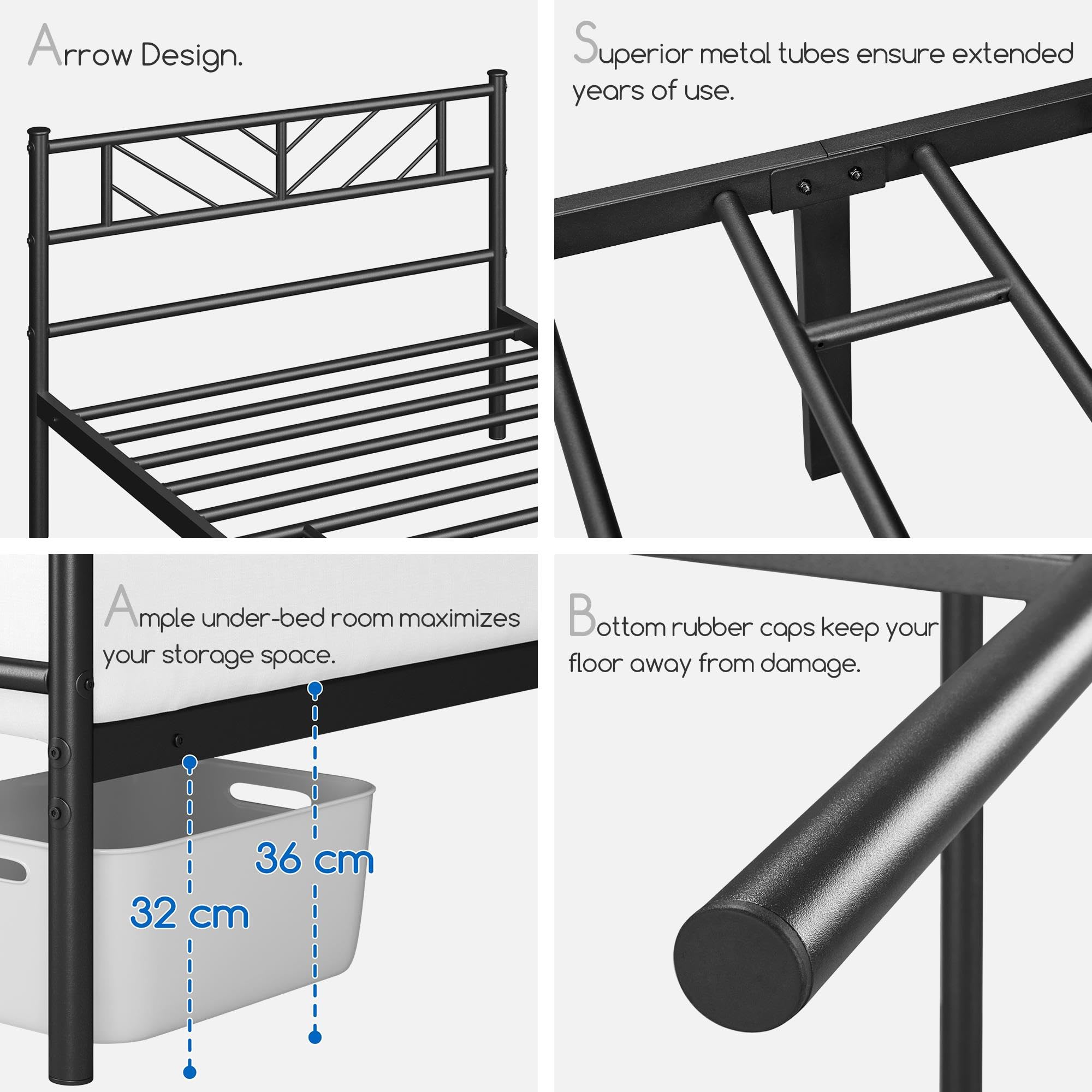 Yaheetech Struttura Letto Singolo in Ferro Metallo Testiera Industriale Camera da Letto Ospiti Soggiorno Semplice Moderno Nero 90 x 190 cm
