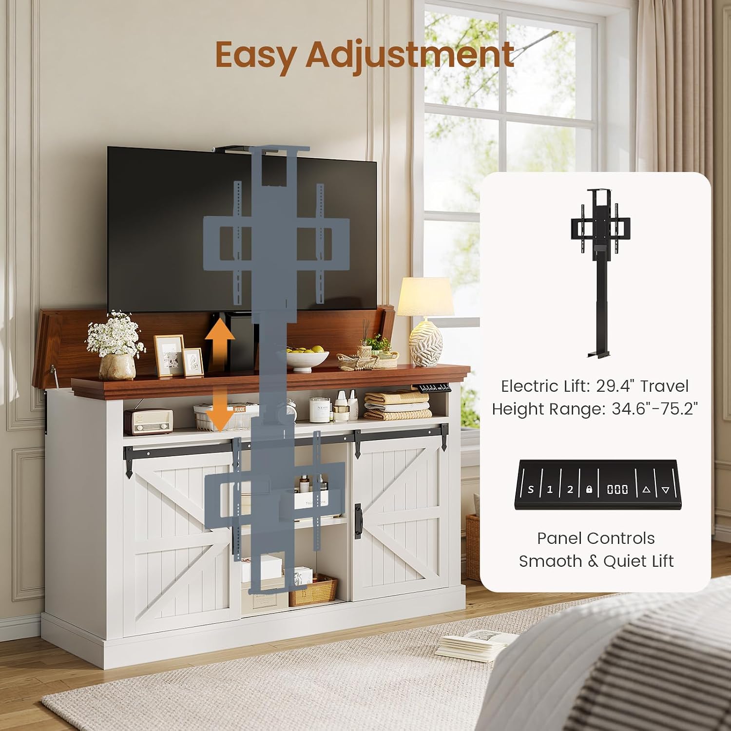 Itaar Motorized TV Lift Cabinet for 55-60” TVs, Electric TV Lift Stand with Storage, Farmhouse TV Stand with Charging Station, Ultra-Quiet Lift System, Indoor & Outdoor Use, White