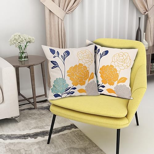 Miniatura 6 de Juego de 2 fundas de almohada de 16 x 16 pulgadas para exteriores, color verde azulado, gris mostaza, amarillo, floral, para primavera y verano,