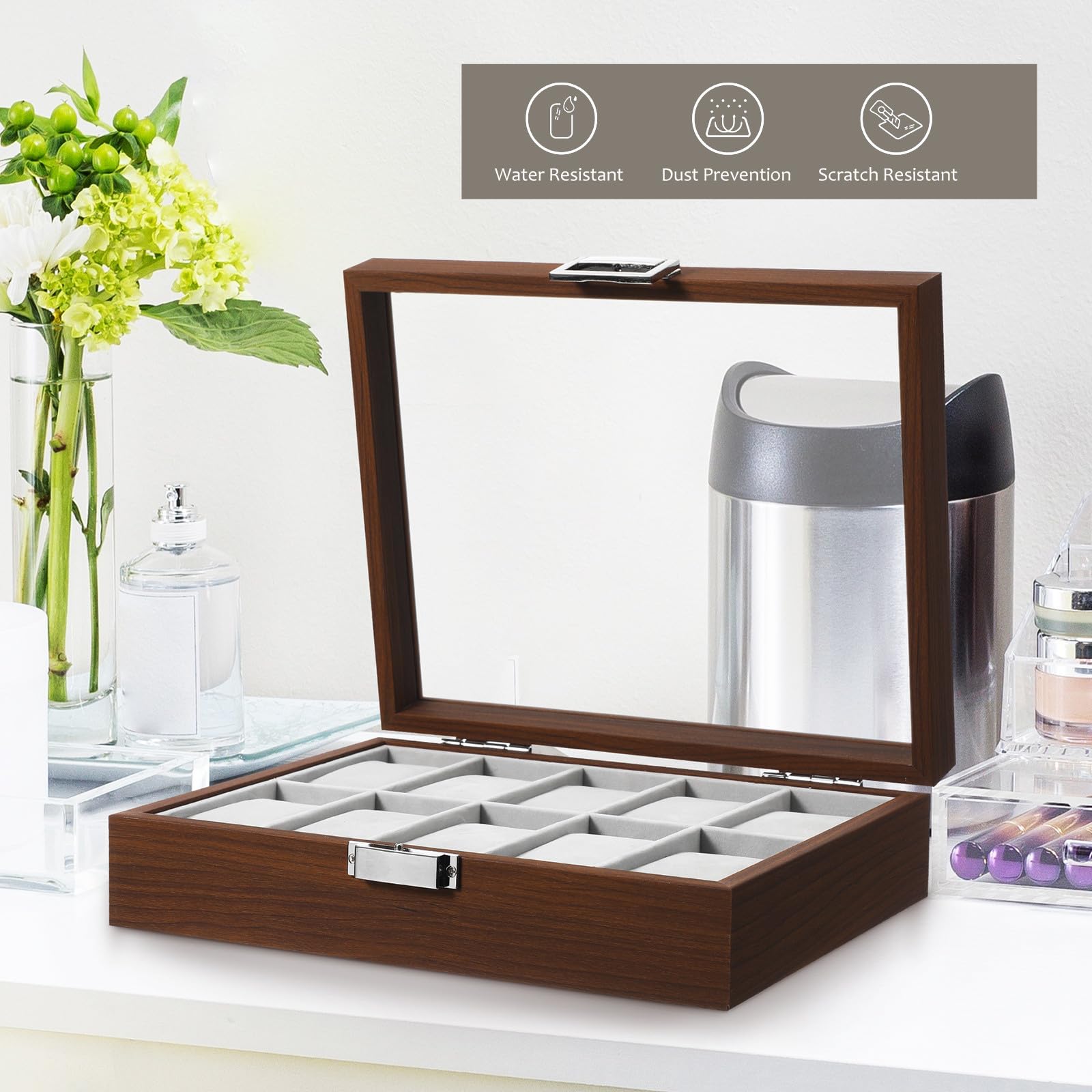 Angoily Caja para Relojes de Madera con Ventana Transparente y Terciopelo, Organizador Vintage para Coleccionistas y Entusiastas de Relojes con Capacidad