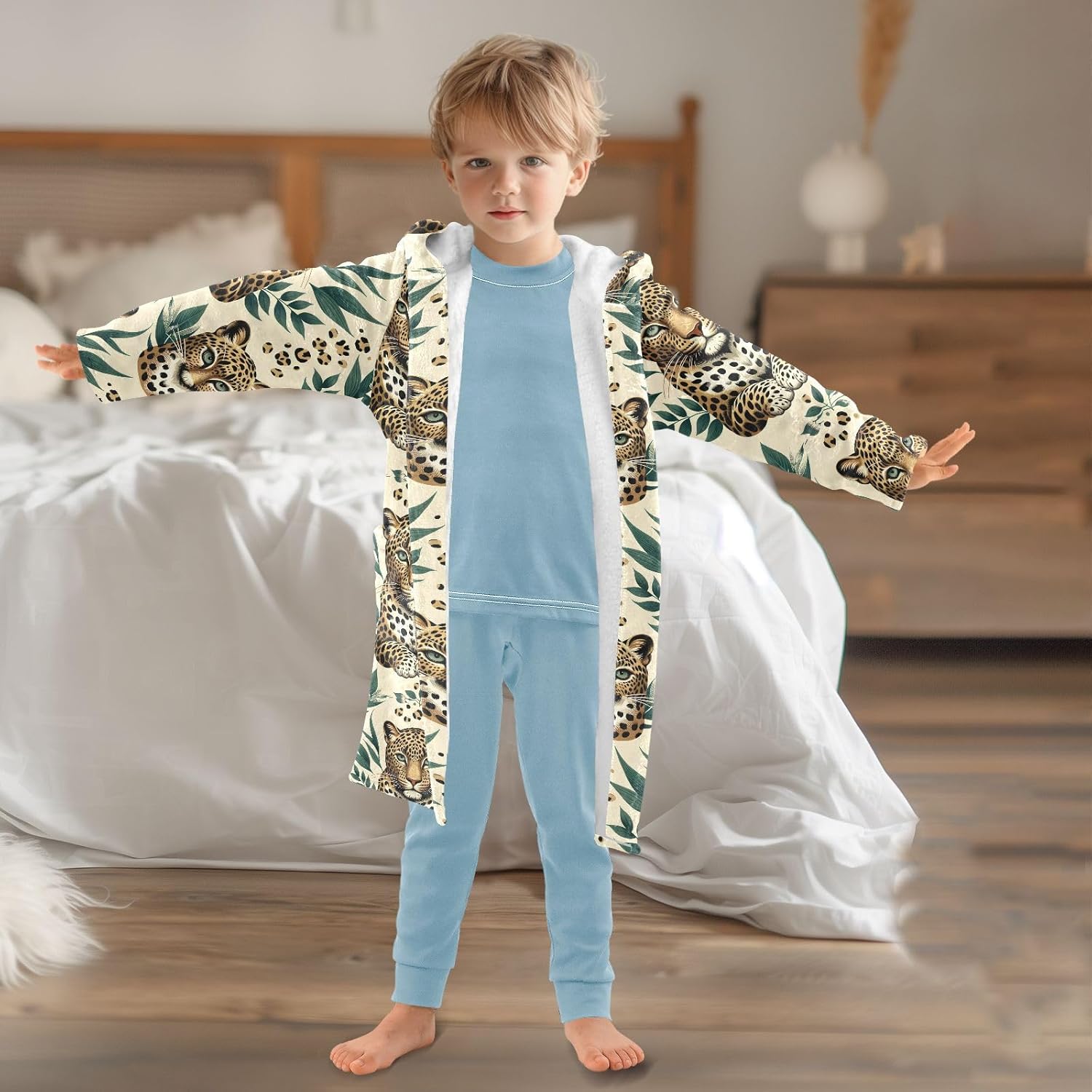 senya Leopard Tropical Toddler Hooded Bathrobe Kids Soft Plush Bath Towel Robes for Boys Girls 2-12 Years