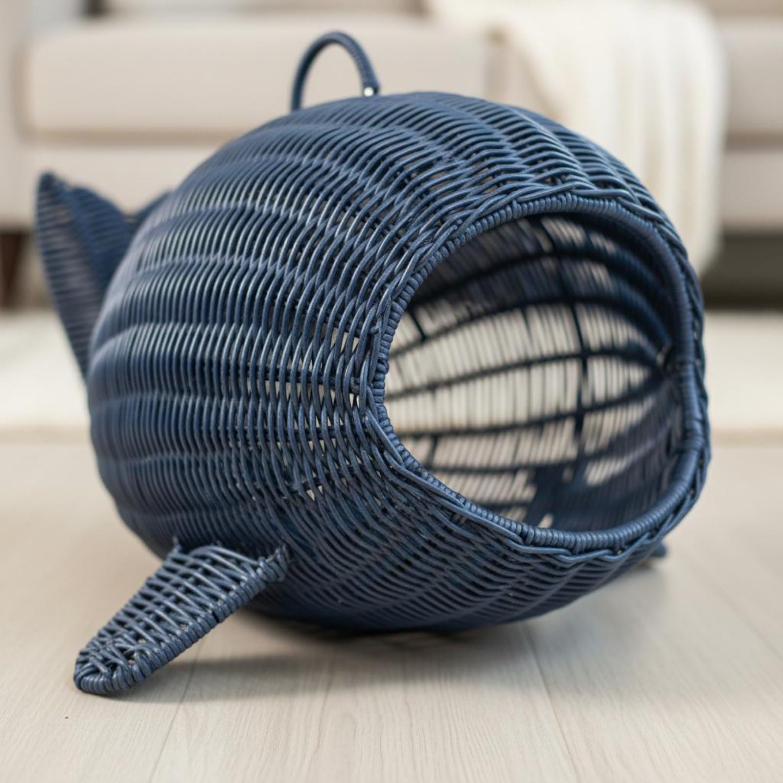 Cuccia a Forma di Mammifero Marino Morbido Cuccia Effetto Rattan Intrecciato Traspirante Cesto Gatti Vimini