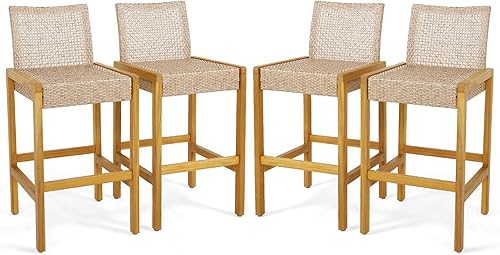 Miniatura 10 de Tangkula Juego de 2 taburetes de madera para patio, sillas de ratán de polietileno con respaldo, marco de metal estable, carga máxima de 400 libras,