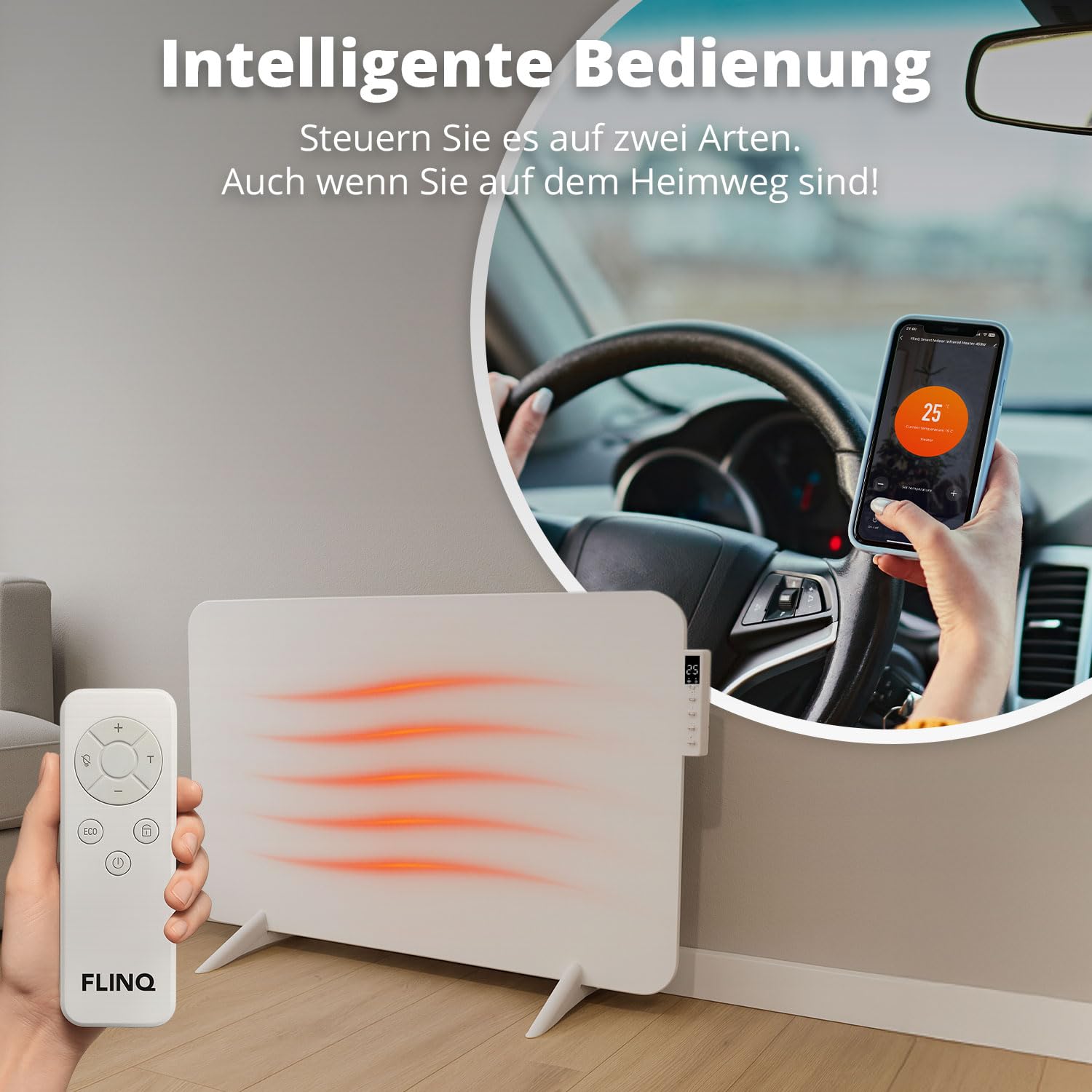 FlinQ 450W Smarte Infrarotheizung - Elektrischer Heizkörper | Infrarot Wandheizung & Standgerät - Elektroheizung für Badezimmer - Mit Thermostat - Weißes Panel