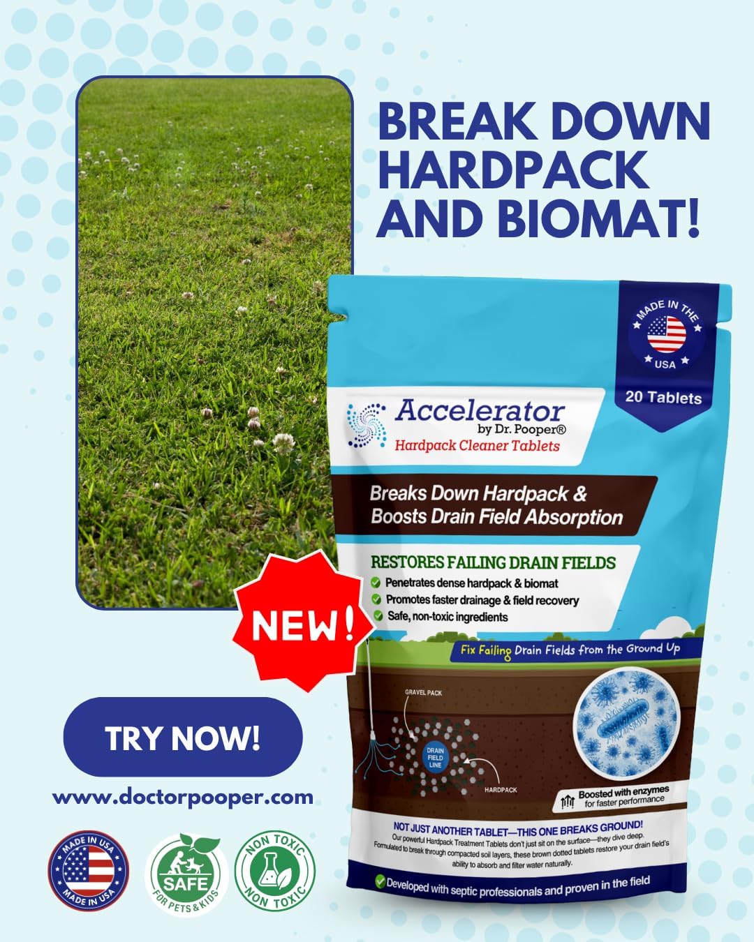Accelerator by Dr. Pooper® – Hardpack Cleaner Tablets for Septic Systems | Breaks Down Hardpack & Boosts Drain Field Absorption | 20 Tablets - Use with our tool kit — available separately