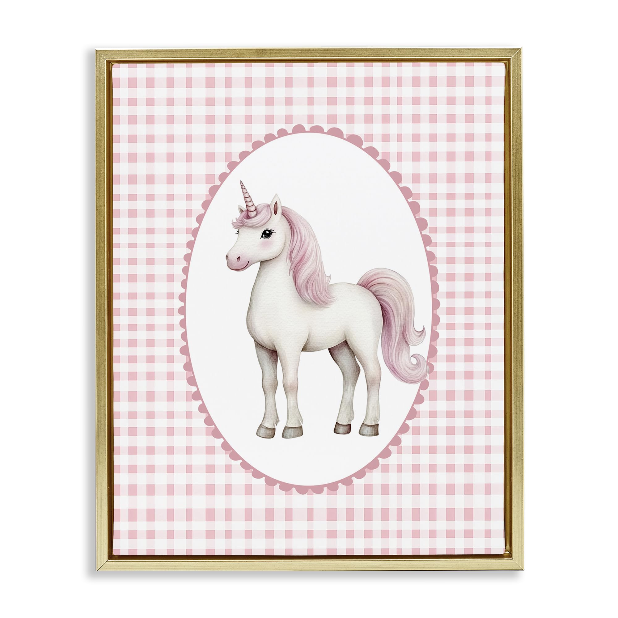 Stupell Industries Metallic Gold (Matte) 'Pink Gingham Unicorn'| Floating Frame Canvas Art