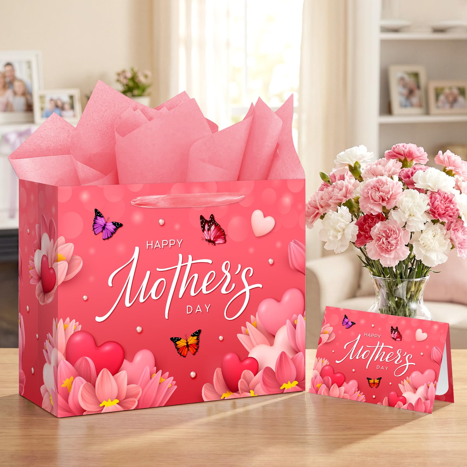 Aysimple Large Happy Mother's Day Paper Gift Bag with Wrapping Paper and Greeting Card 13" Butterfly Flowers Design Large Gift Bag Red Heart Party Bags for Happy Mothers Day Party Supplies