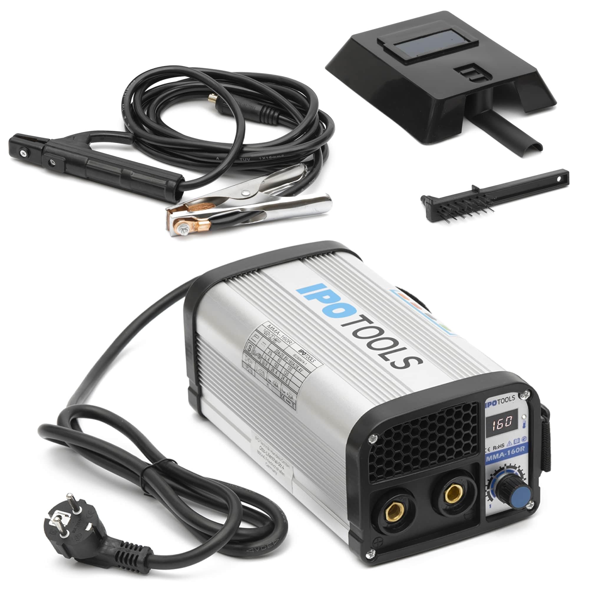 IPOTOOLS MMA-160R Elektroden Schweißgerät - IGBT Inverter Schweissgerät MMA/E-Hand mit 160 Amper/Digitale LCD Anzeige / 230V / Anti-Stick/Hot-Start/Arc-Force/Schutzschild / 7 Jahre Garantie