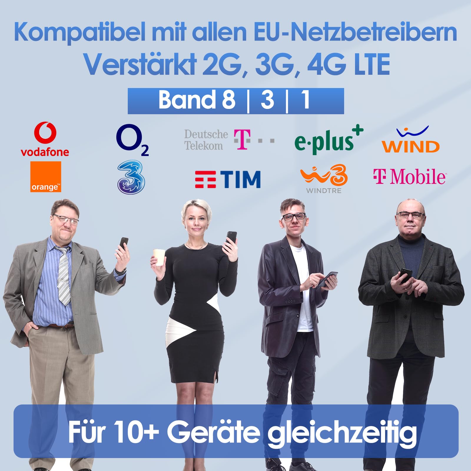 Handy Signalverstärker für Haus Mobilfunkverstärker 900/1800/2100MHz GSM LTE Repeater für Telekom Vodafone O2 70dB DREI-Band-Verstärker mit Yagi Außenantenne LCD-Anzeige für Home Office