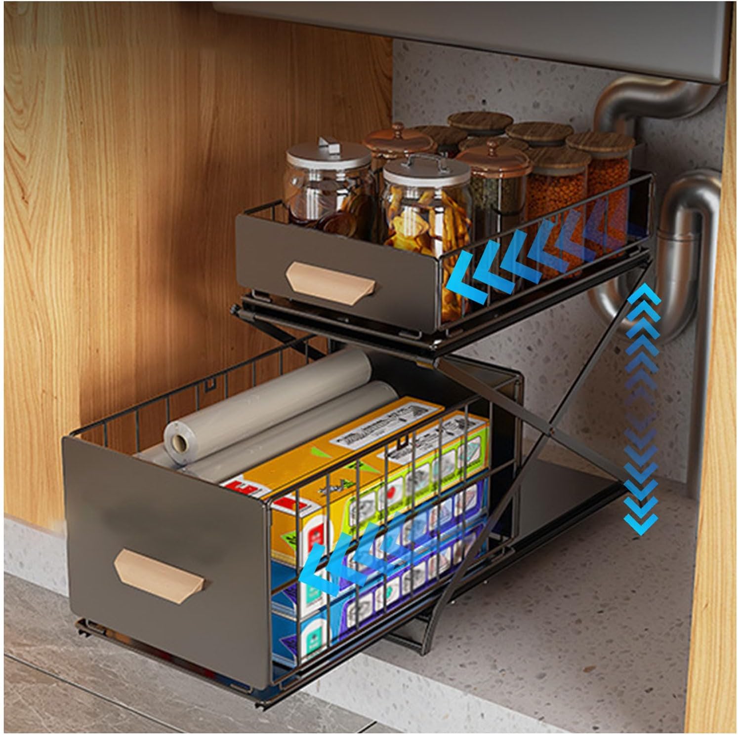 Pull Out Under Sink Organizer Height Adjustable, 2 Tier Pull Out Under Cabinet Organizer, Slide Out Thickened Metal Under Sink Storage for Kitchen Bathroom