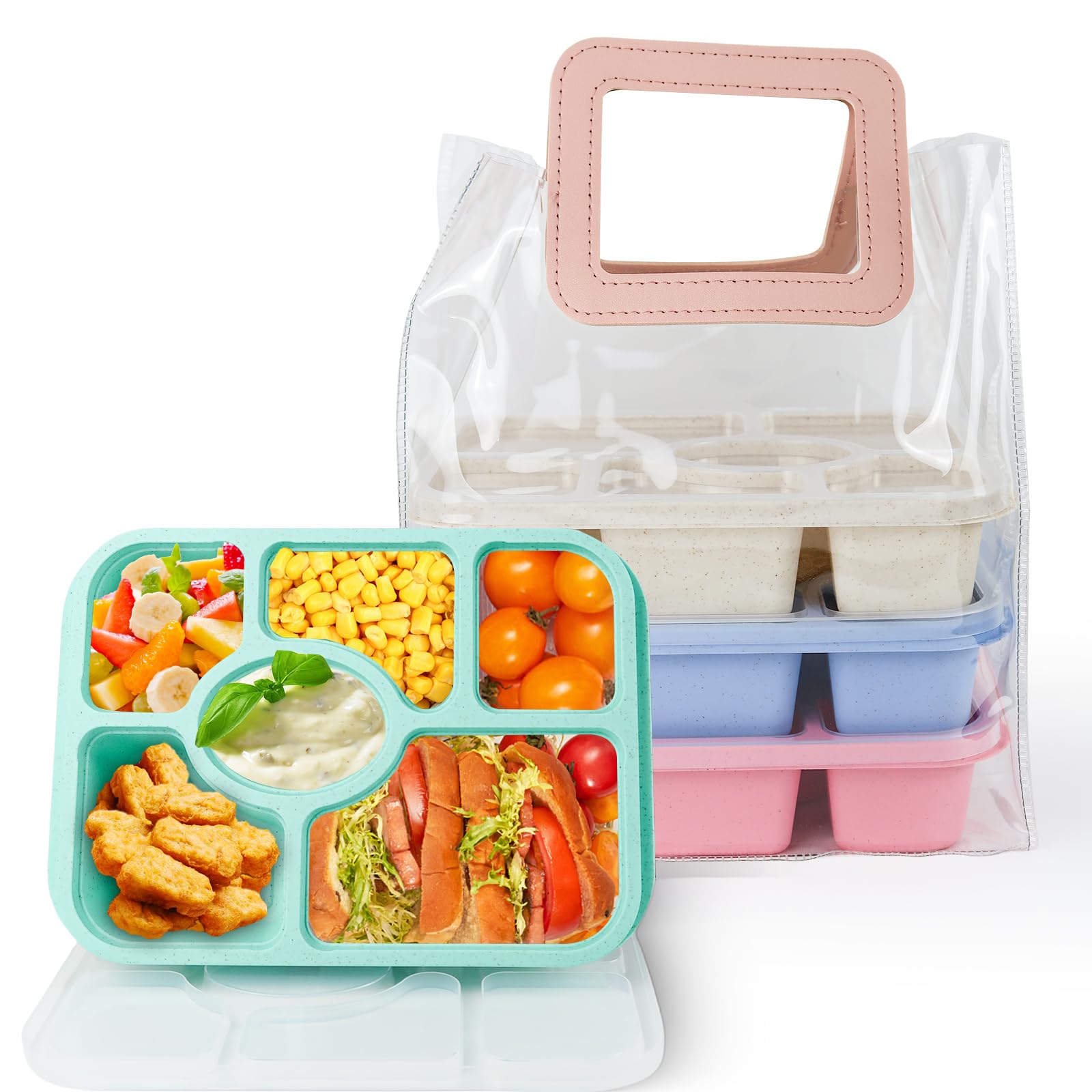 Lunch Bento Box 6 Compartment for Adults and Reusable Snack Containers Set of 4, Stackable Meal Prep Containers Meals on the Go and Packaging (Wheat, 6 Compartments)